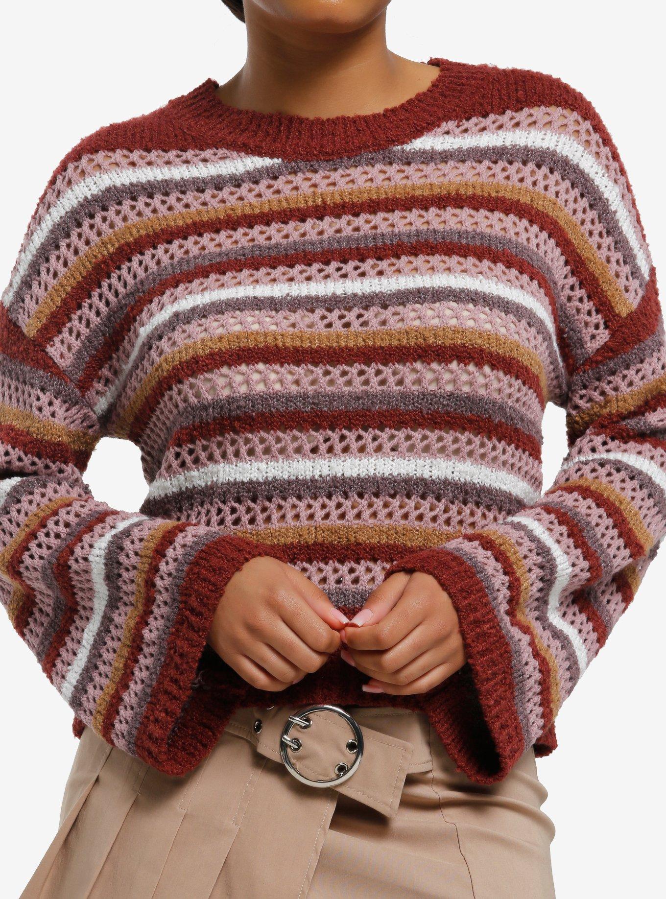 Thorn & Fable Maroon Grunge Stripe Girls Knit Long-Sleeve Top, , hi-res