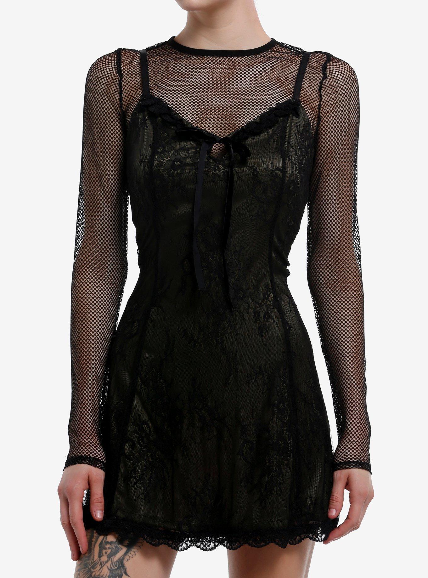 Cosmic Aura Black & Green Lace Twofer Long-Sleeve Dress, , hi-res