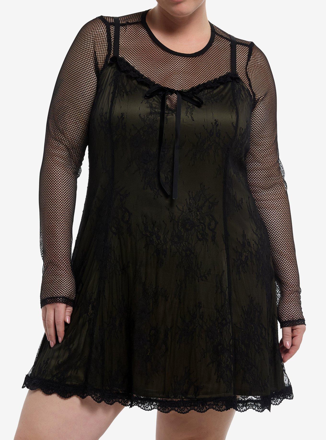 Cosmic Aura Black & Green Lace Twofer Long-Sleeve Dress Plus Size, , hi-res