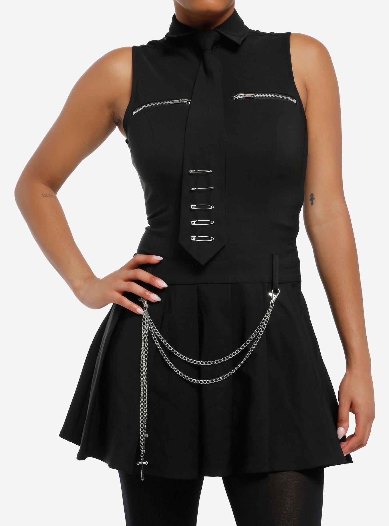 Social Collision Black Zippers & Chains Pleated Tank Dress, , hi-res
