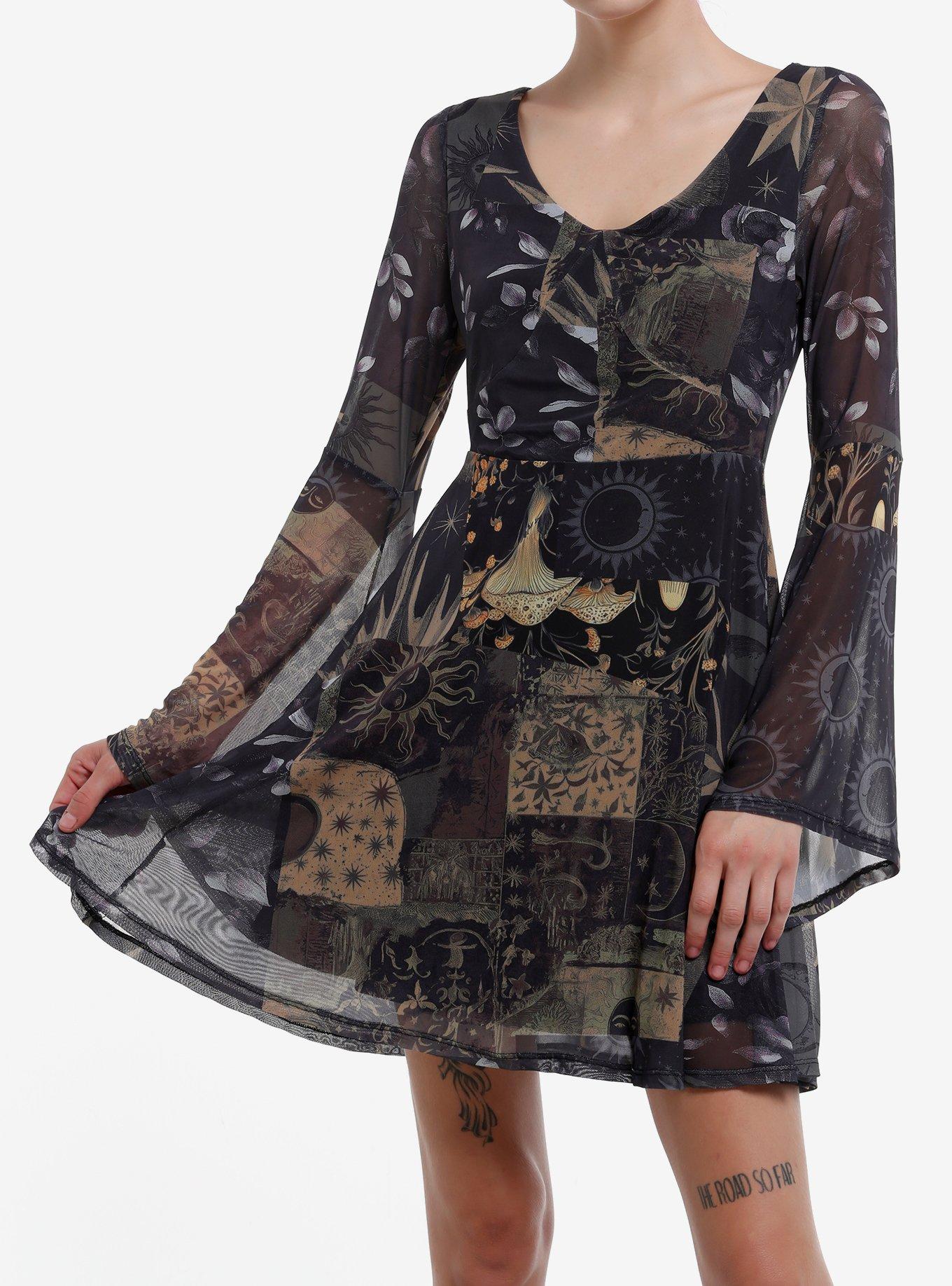 Cosmic Aura Celestial Patchwork Mesh Bell Sleeve Dress, , hi-res