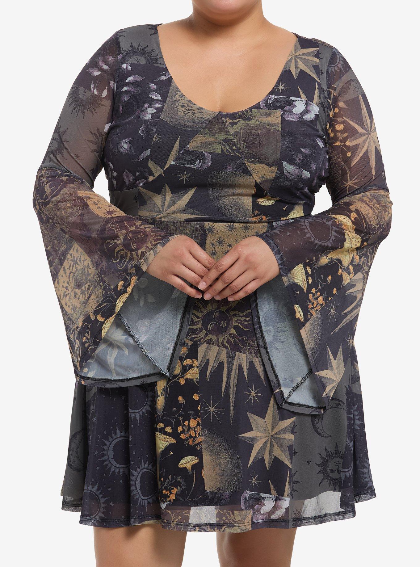 Cosmic Aura Celestial Patchwork Mesh Bell Sleeve Dress Plus Size, , hi-res