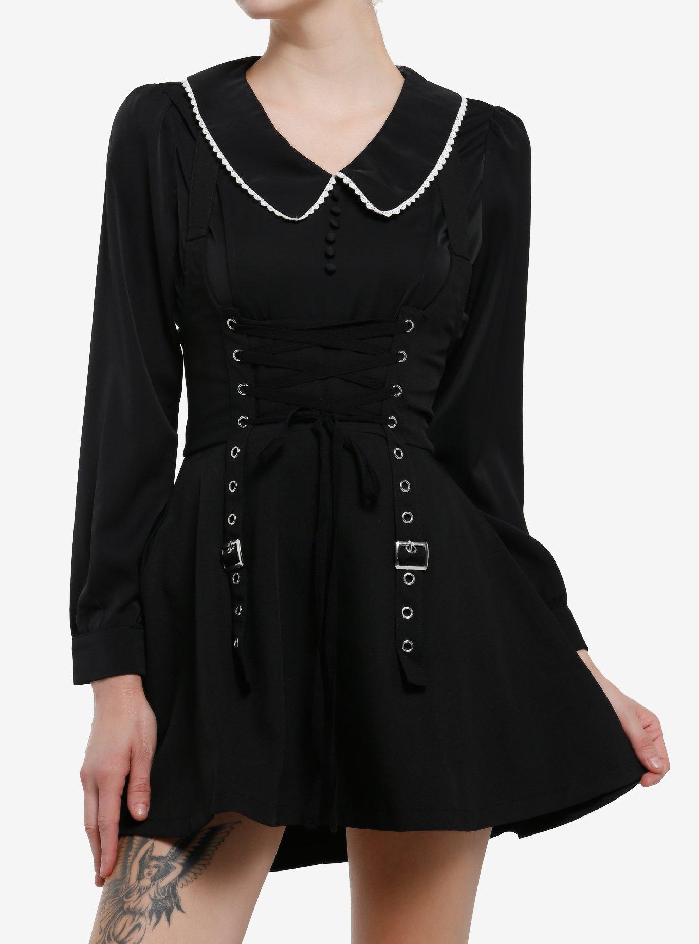 Social Collision Black Grommet Strap Lace-Up Skirtall, , hi-res