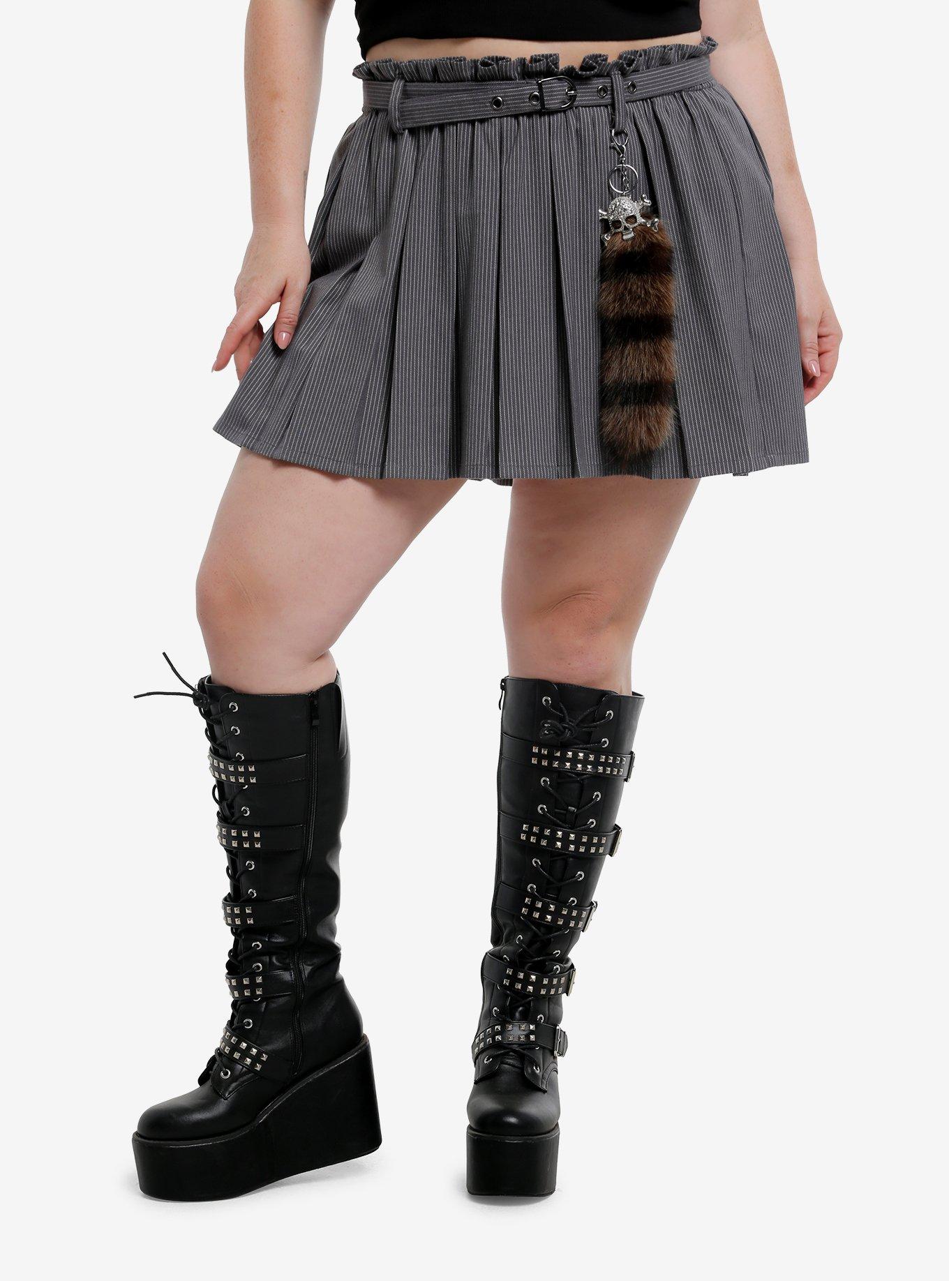 Social Collision Grey Pinstripe Pleated Skirt With Raccoon Tail Charm Plus Size, , hi-res