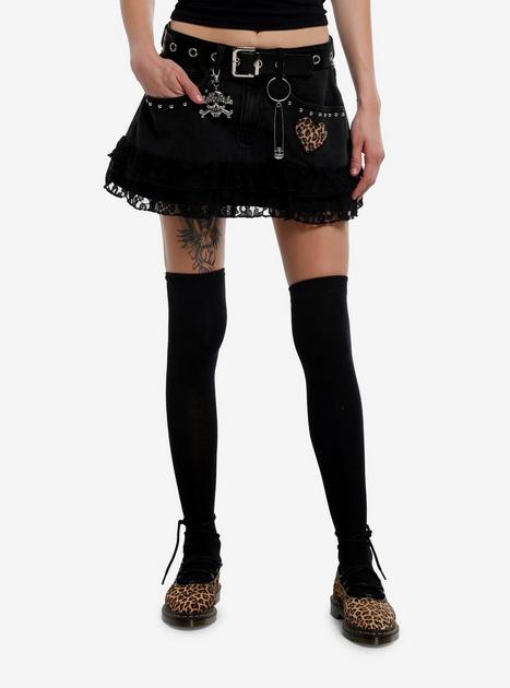 Social Collision Skull Charms Lace Ruffle Denim Skirt | Hot Topic