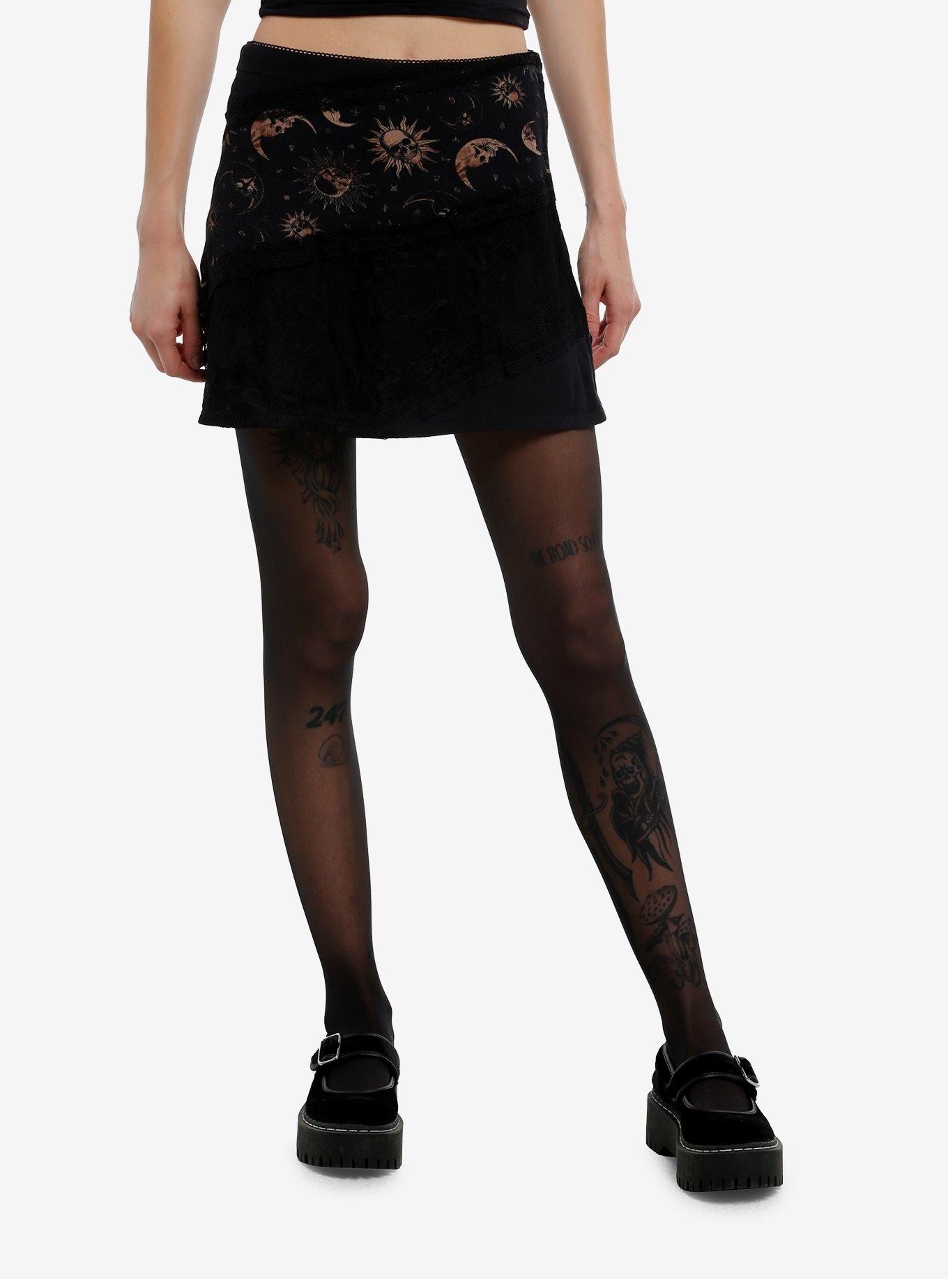 COSMICAURA Cosmic Aura Celestial Skull & Black Lace Mini Skirt
