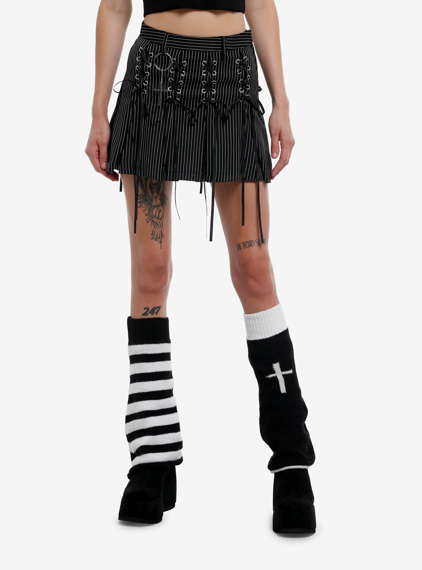 Pinstripe Lace-Up Cross Charm Ribbon Mini Skirt, , hi-res