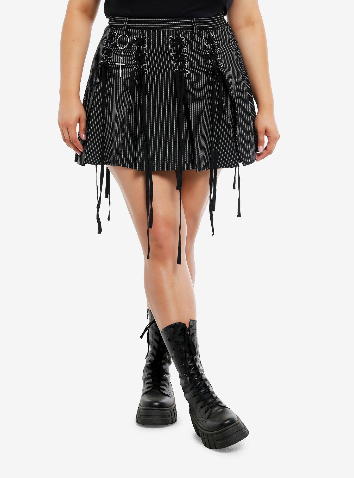 Pinstripe Lace-Up Cross Charm Ribbon Mini Skirt Plus Size, , hi-res
