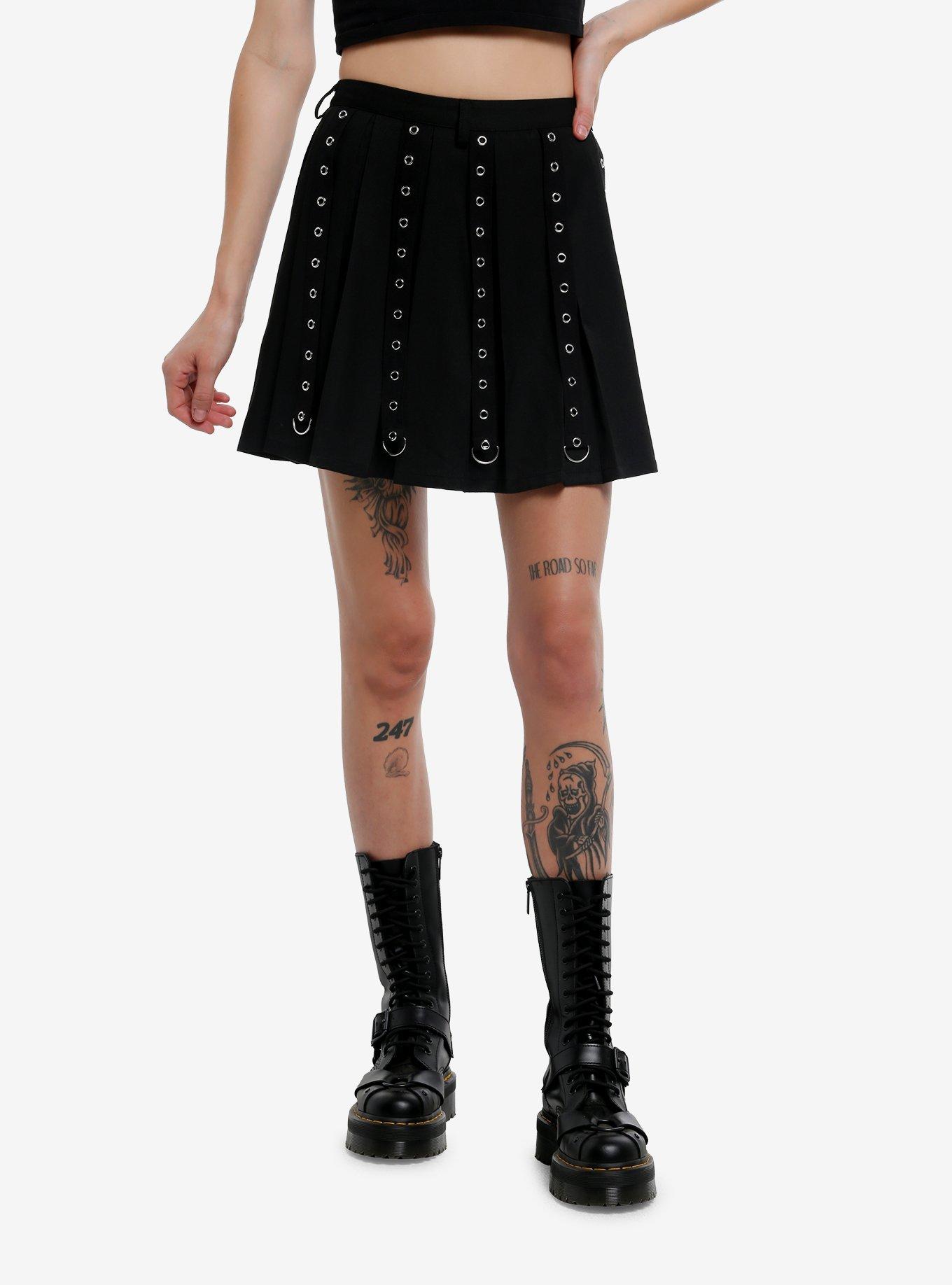 Social Collision Black Grommet Tape Pleated Skirt, , hi-res