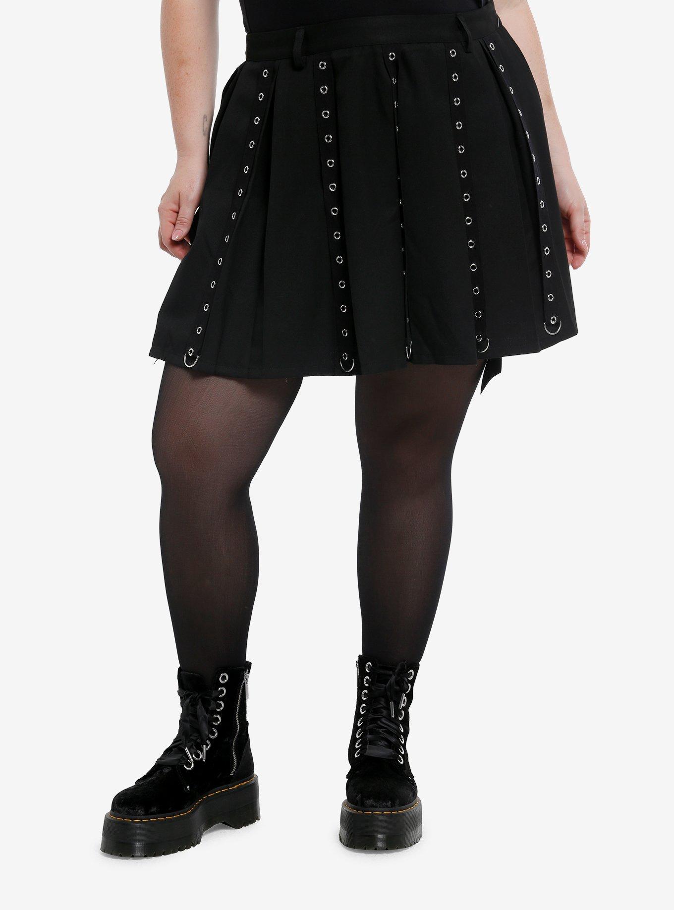 Social Collision Black Grommet Tape Pleated Skirt Plus Size, , hi-res