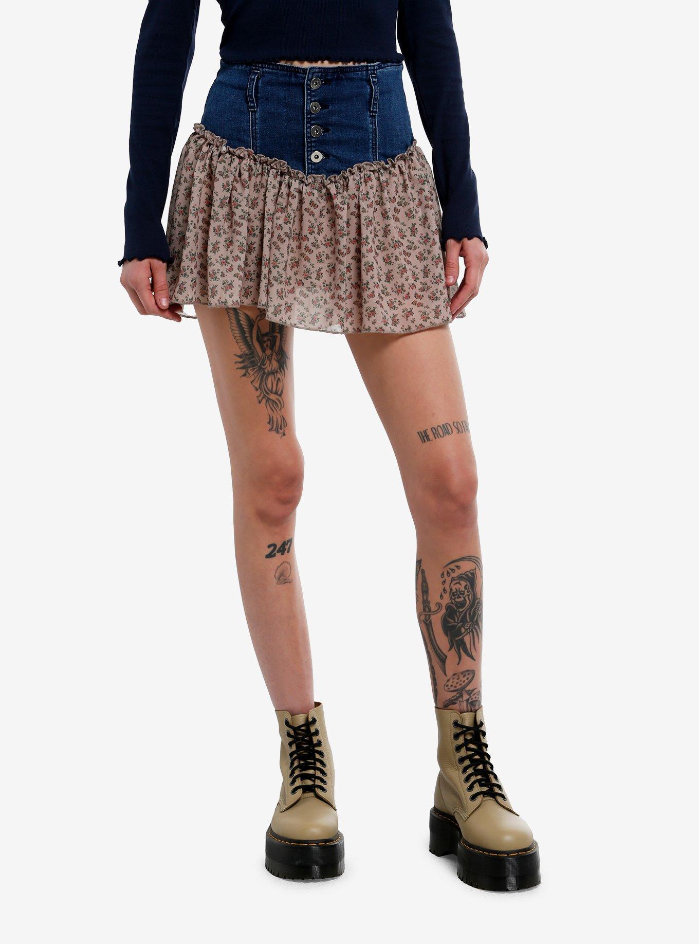Thorn & Fable Button-Down Floral Denim Skirt, BROWN, hi-res