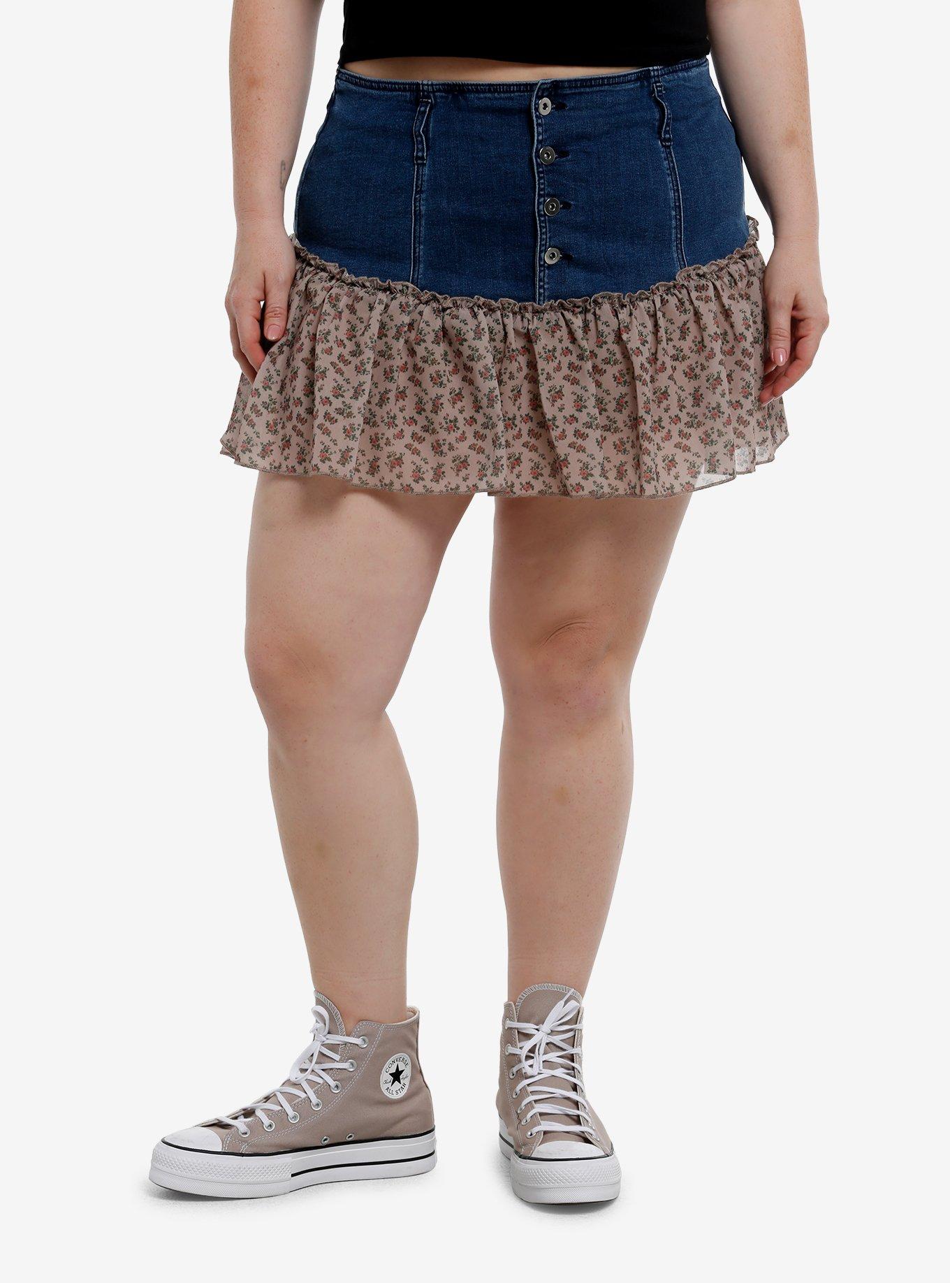 Thorn & Fable Button-Down Floral Denim Skirt Plus Size, BROWN, hi-res
