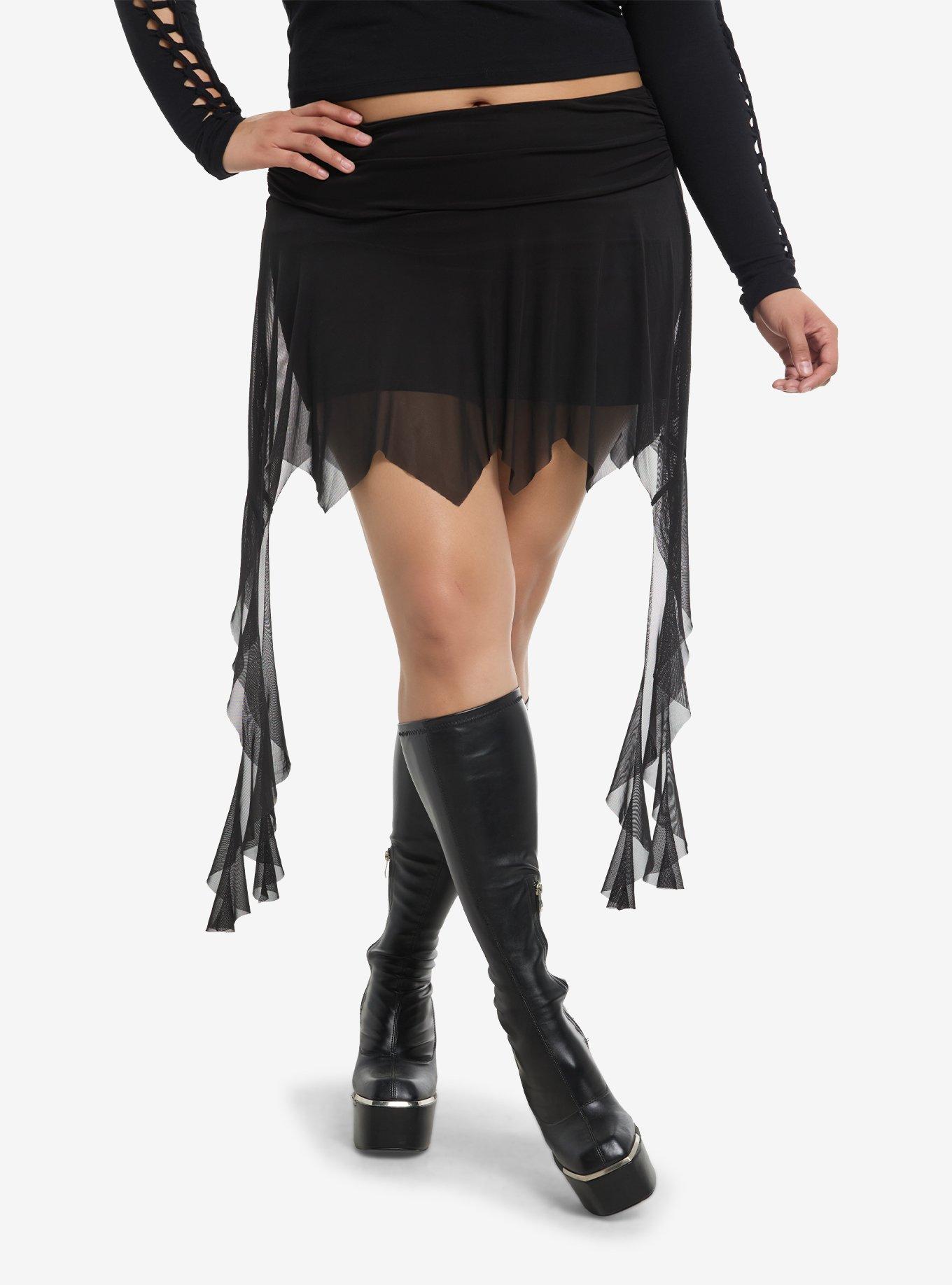 Cosmic Aura Black Mesh Hanky Hem Mini Skirt Plus Size, , hi-res