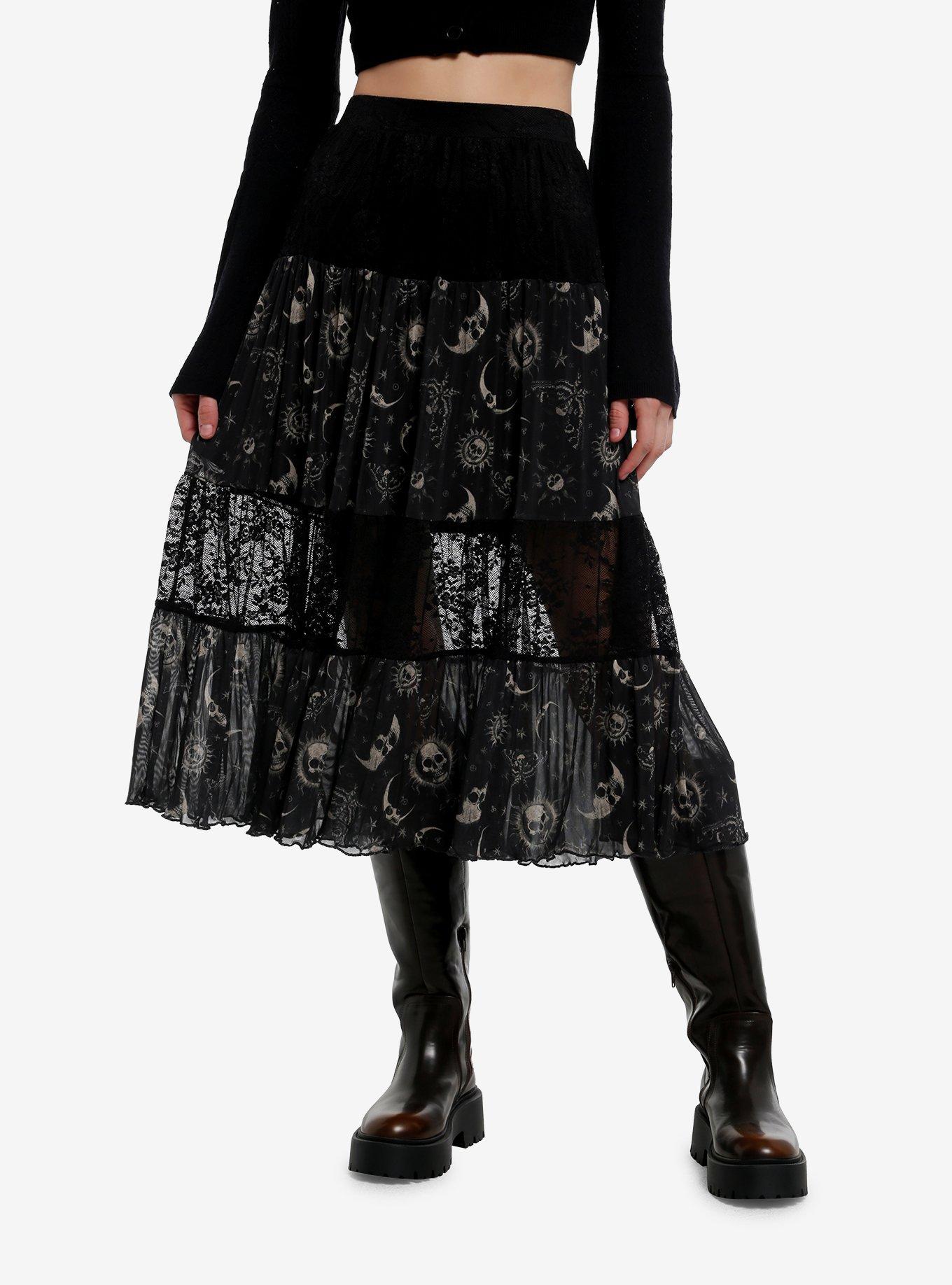 COSMICAURA Cosmic Aura Celestial Lace Tiered Midi Skirt