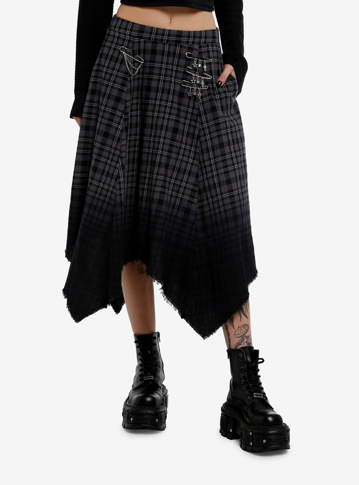 Social Collision Grey Plaid & Black Ombré Safety Pin Midi Skirt, GREY, hi-res