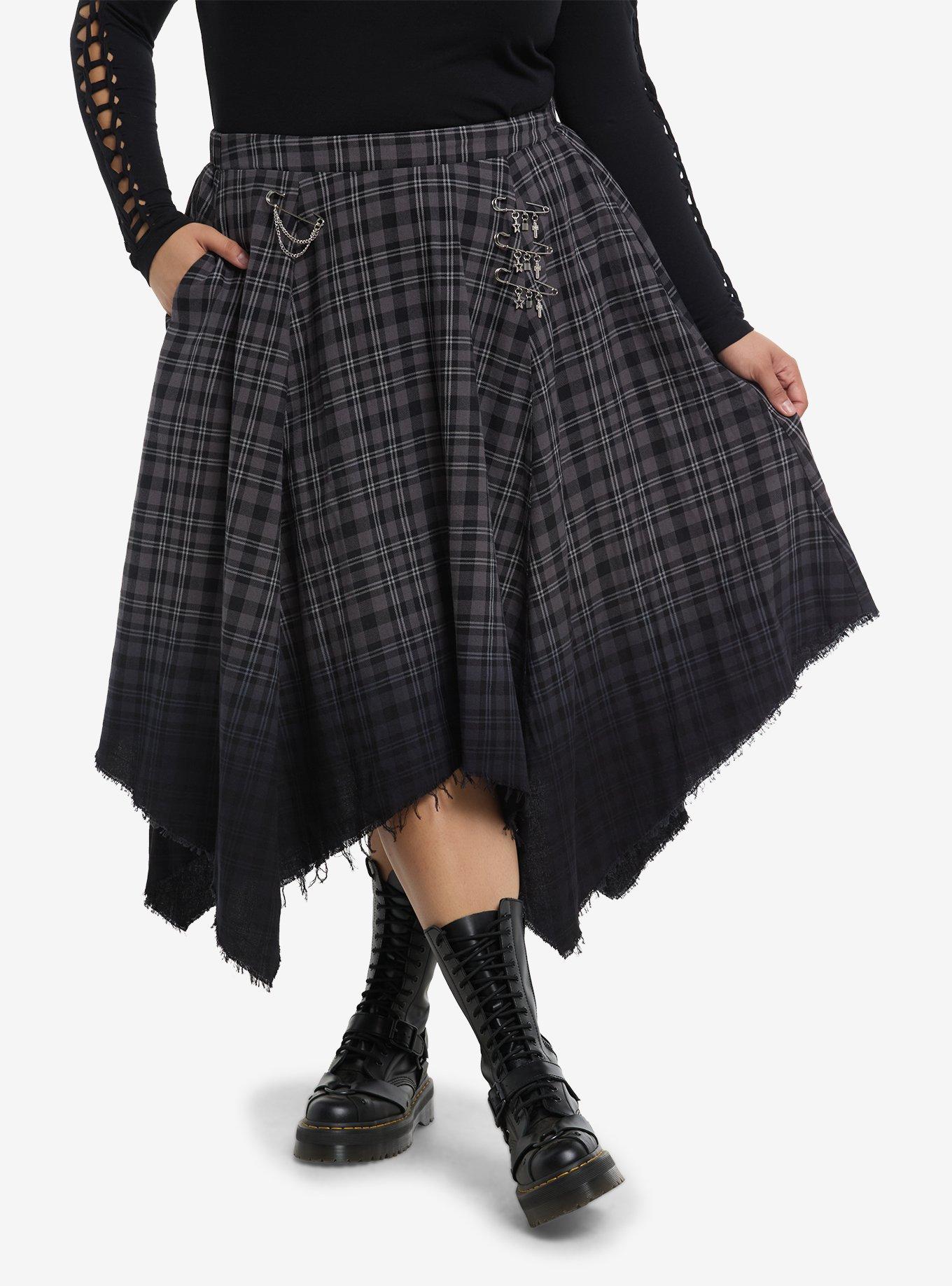 Social Collision Grey Plaid & Black Ombré Safety Pin Midi Skirt Plus Size, , hi-res