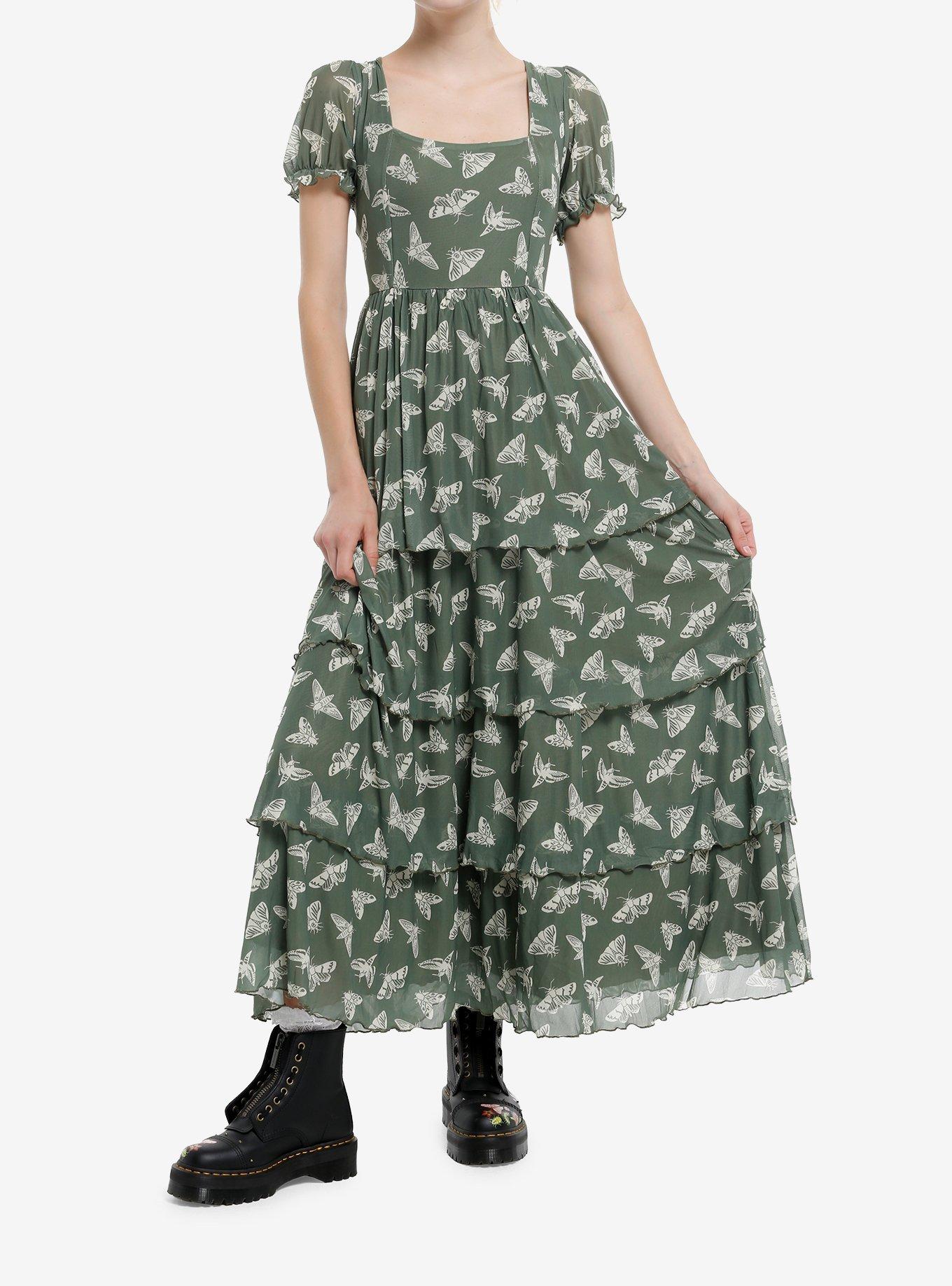 Thorn & Fable Moth & Butterfly Green Tiered Maxi Dress, , hi-res