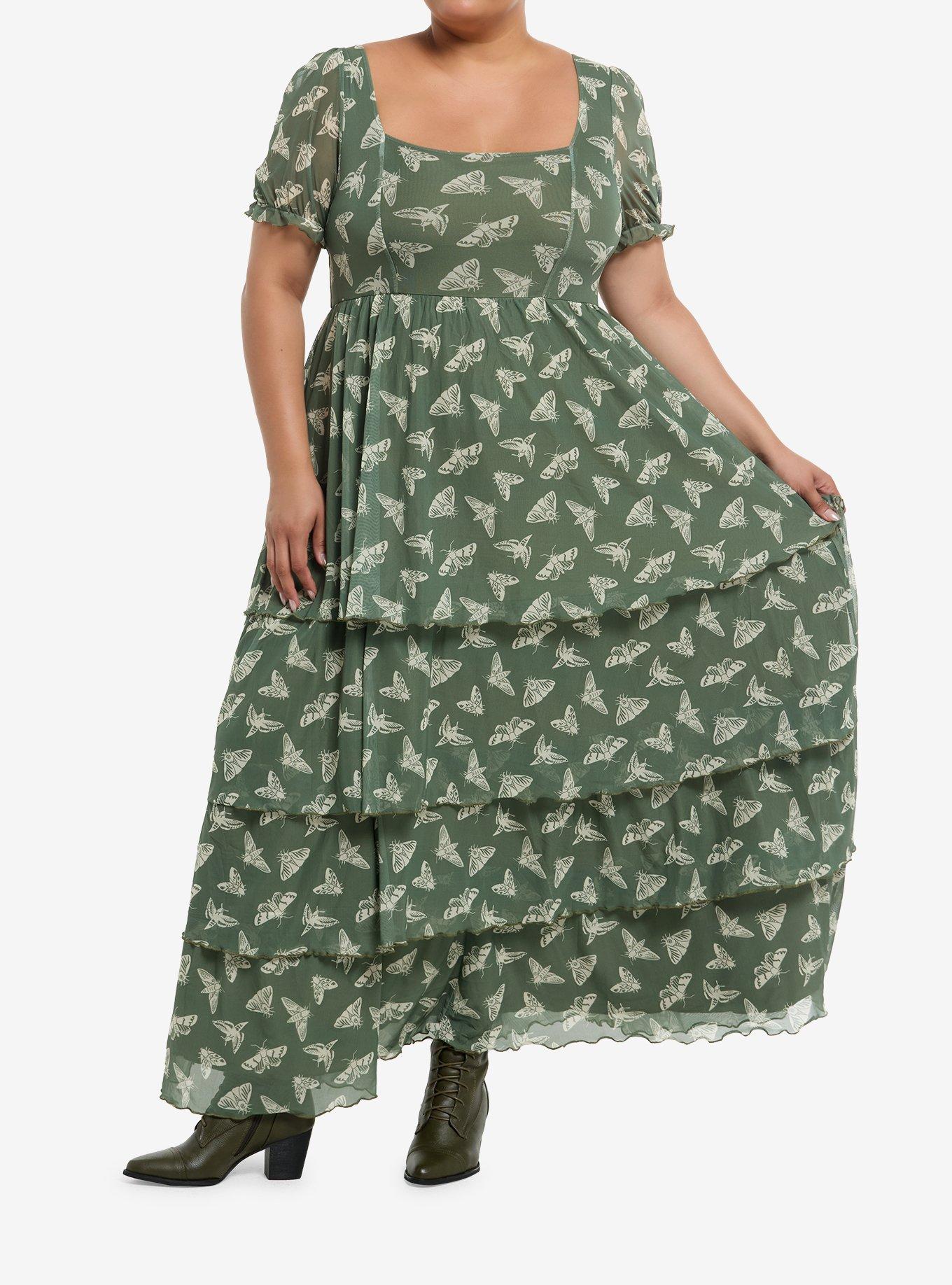 Thorn & Fable Moth & Butterfly Green Tiered Maxi Dress Plus Size, , hi-res