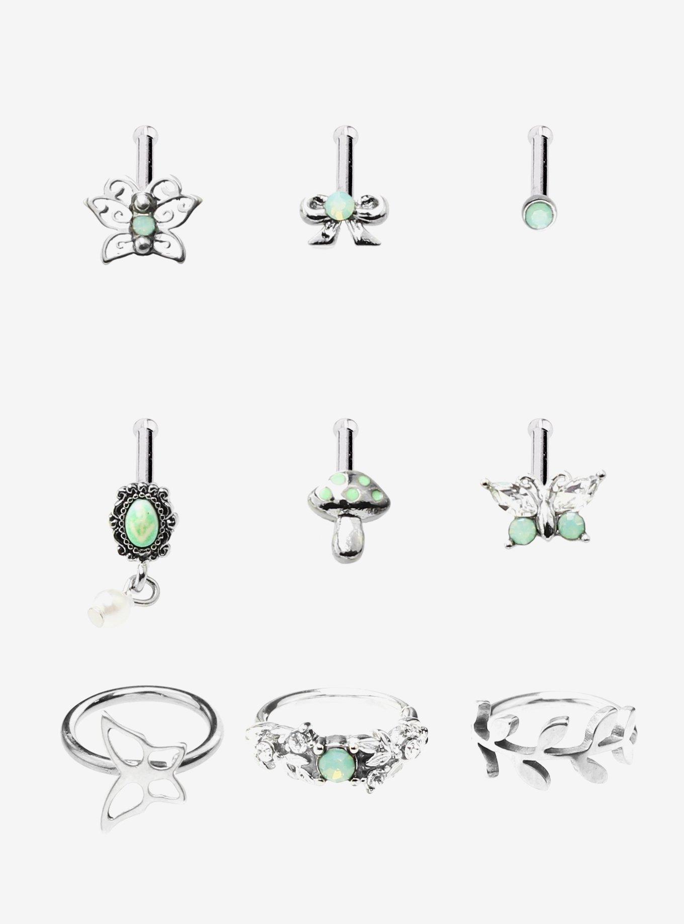 Steel Butterfly Mushroom Leaf Nose Stud & Hoop 9 Pack