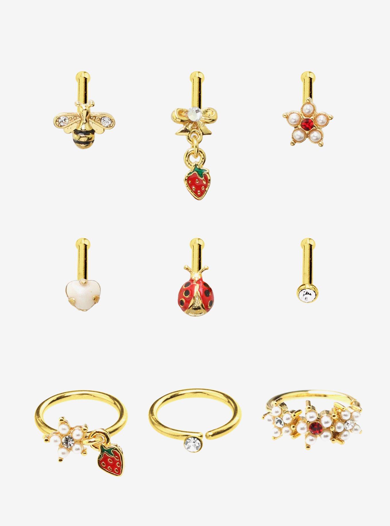 Steel Strawberry Ladybug Nose Stud & Hoop 9 Pack, , hi-res