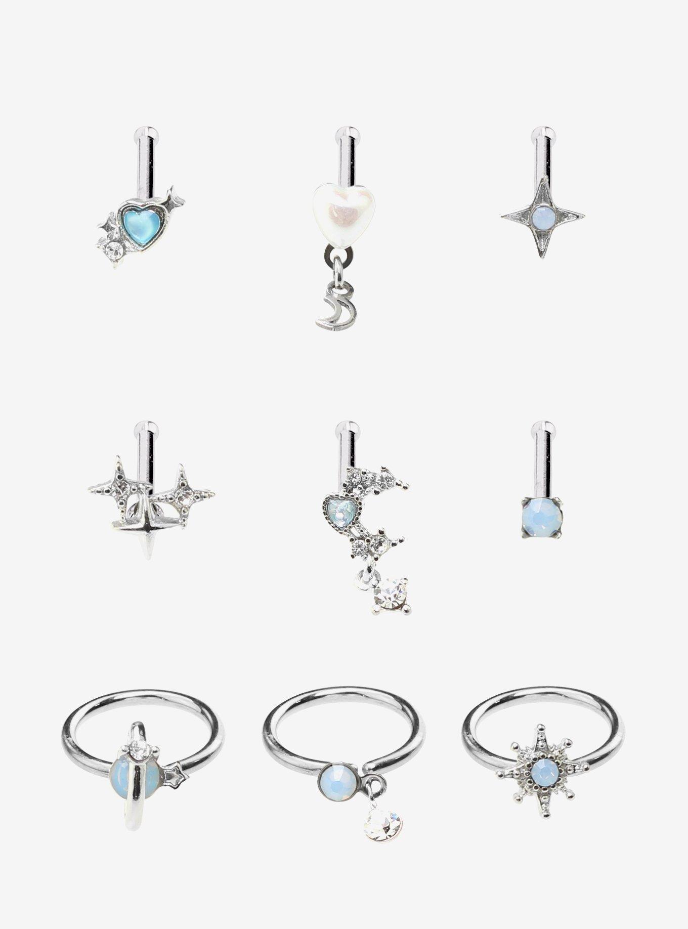 Steel Celestial Pearl Bling Nose Stud & Hoop 9 Pack, , hi-res