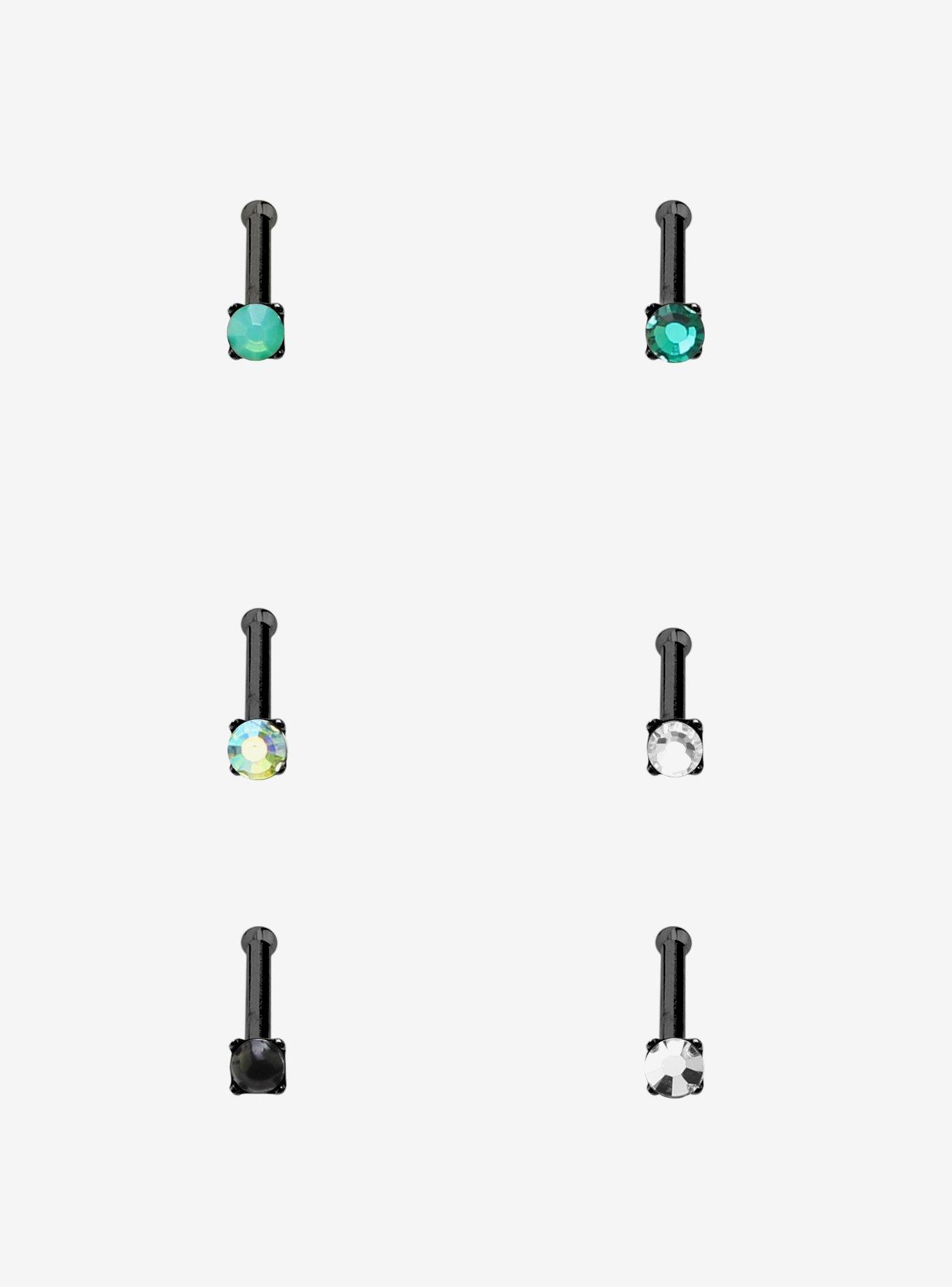 Steel Black Green & Clear Nose Stud 6 Pack, , hi-res