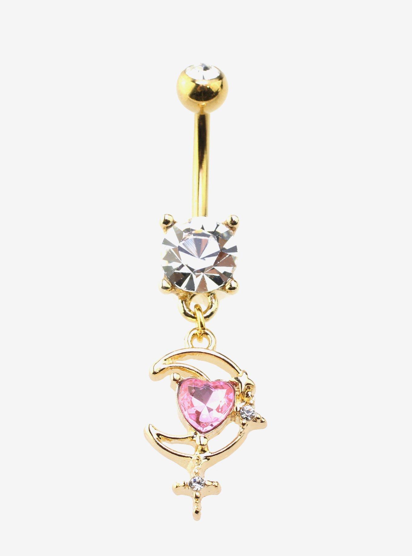 14G Steel Moon Heart Bling Navel Barbell, , hi-res