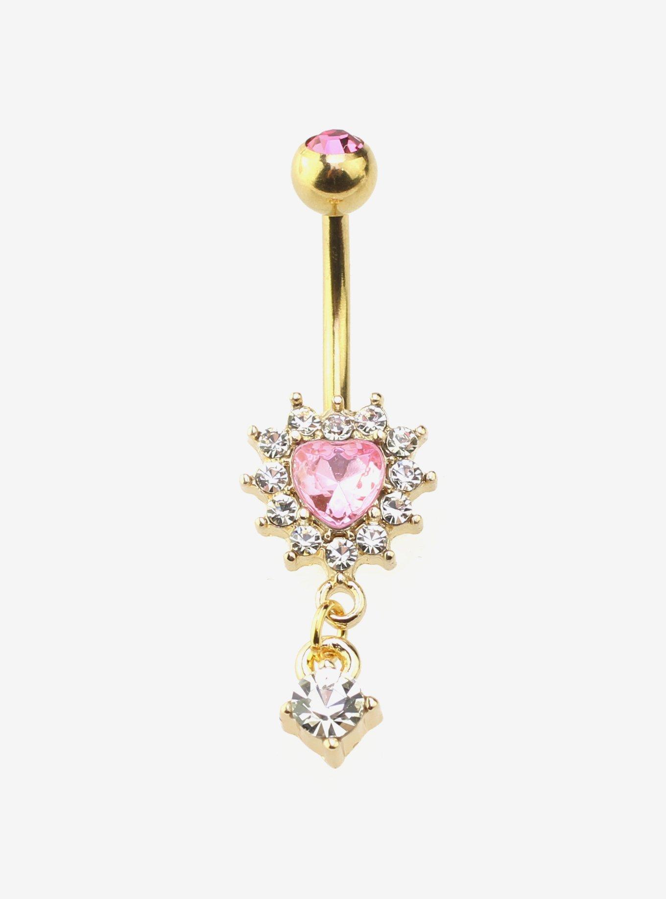14G Steel Pink Bling Heart Navel Barbell, , hi-res