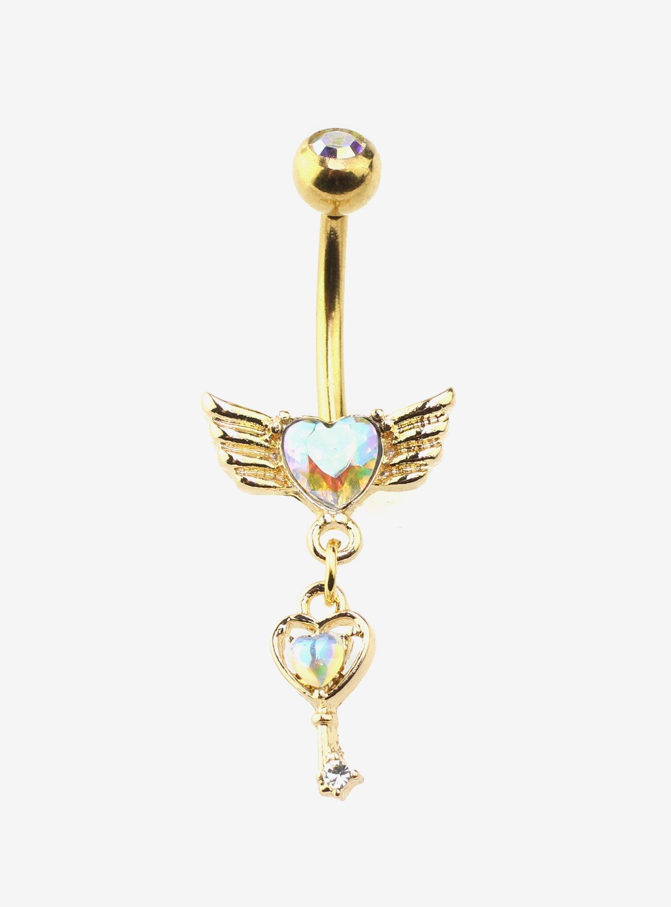 14G Steel Heart Wing Key Navel Barbell, , hi-res