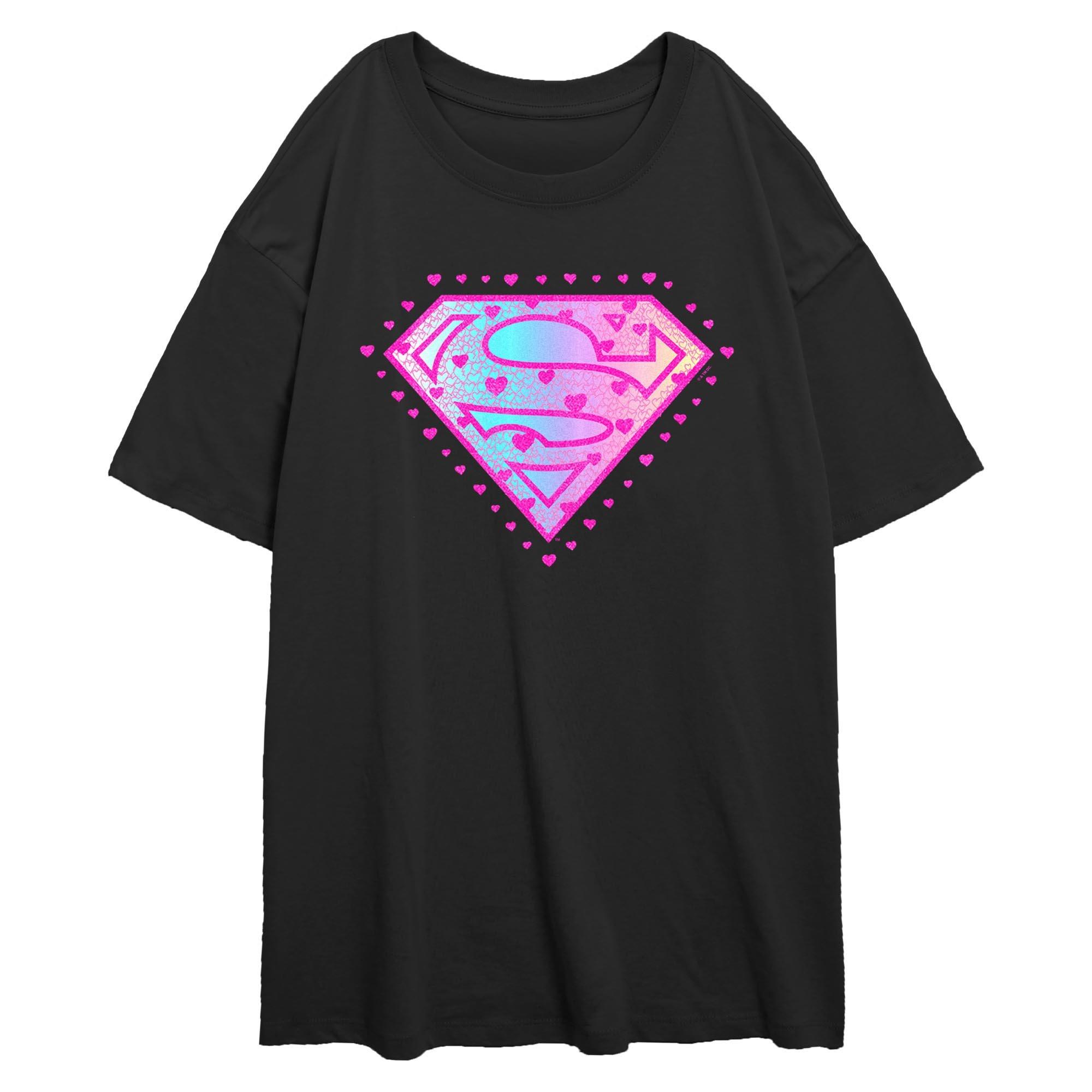 Supergirl Hearts Logo Womens Oversized T-Shirt, BLACK, hi-res