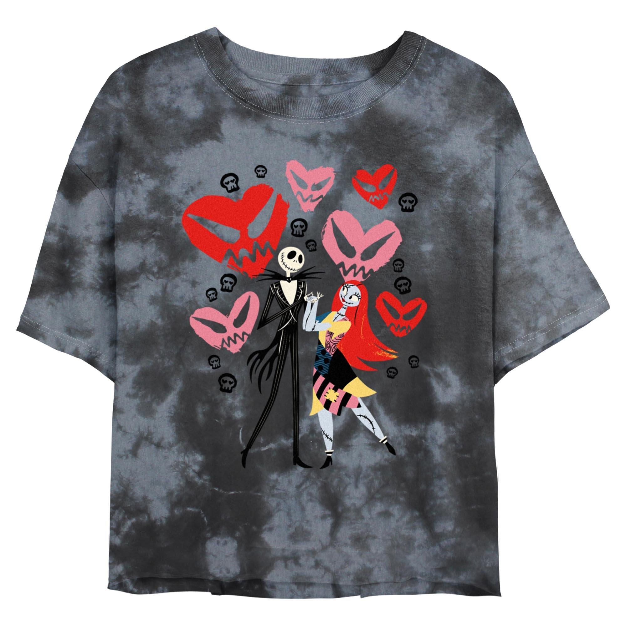 Disney The Nightmare Before Christmas Jack and Sally Doodle Hearts Tie Dye Crop Womens T-Shirt, BLKCHAR, hi-res