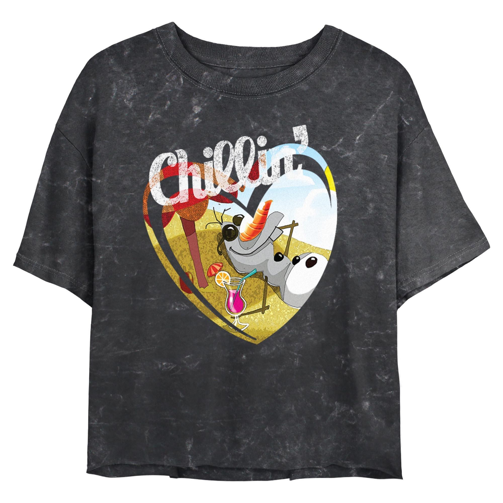 Disney Frozen Chillin Olaf Heart Mineral Wash Womens Crop T-Shirt, BLACK, hi-res
