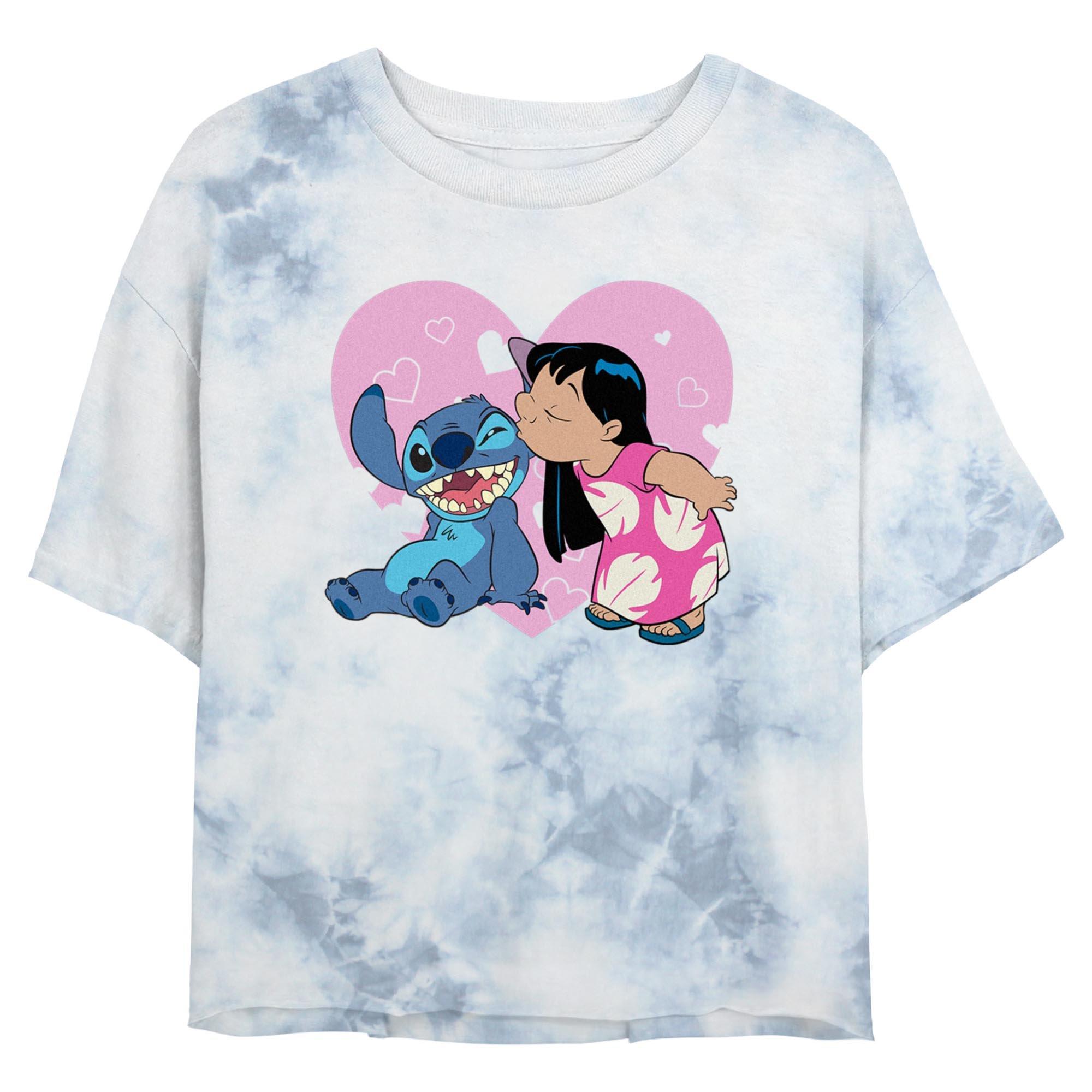 Disney Lilo & Stitch Heart Kisses Tie Dye Crop Womens T-Shirt, WHITEBLUE, hi-res