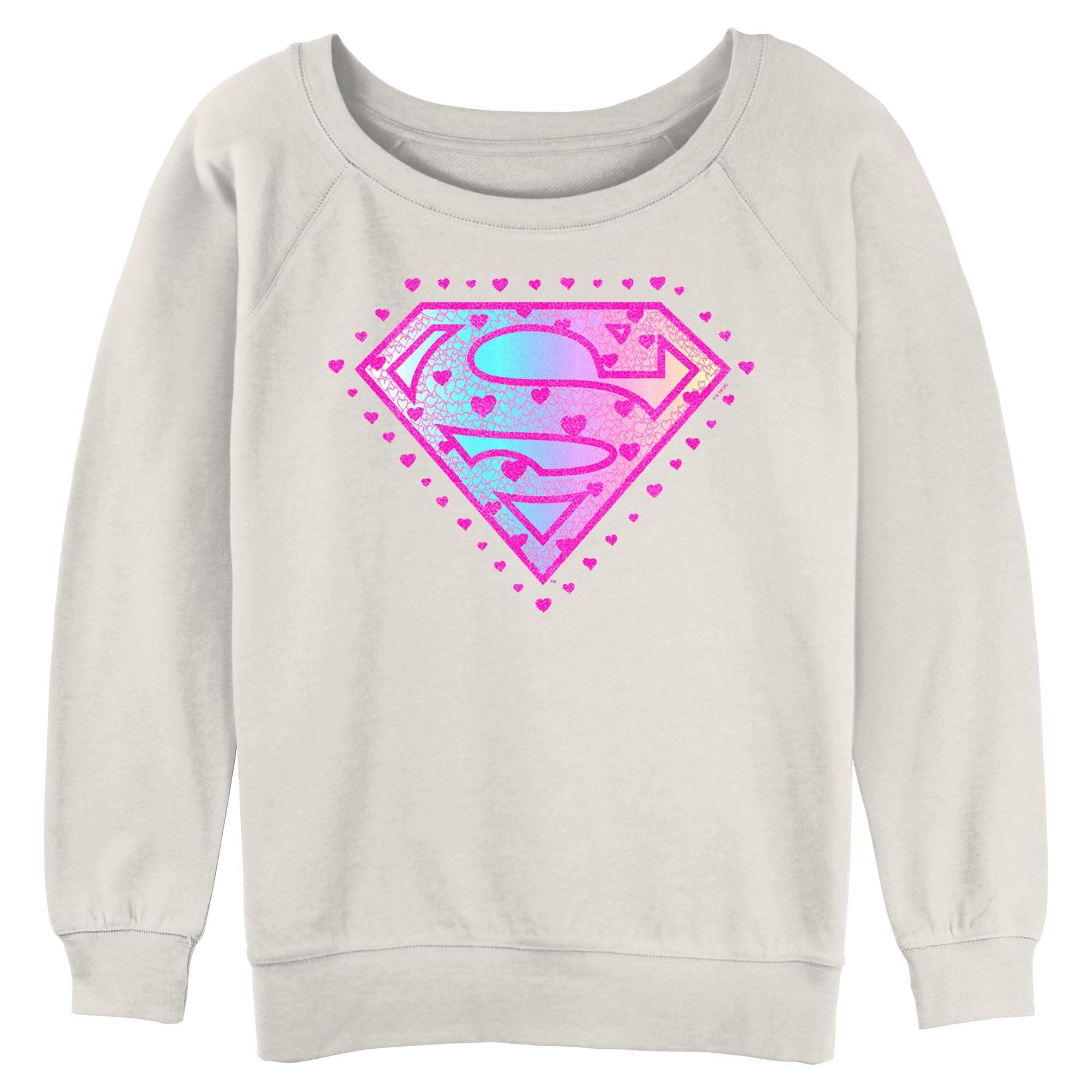 Supergirl Hearts Logo Womens Slouchy Sweatshirt, EGRET, hi-res