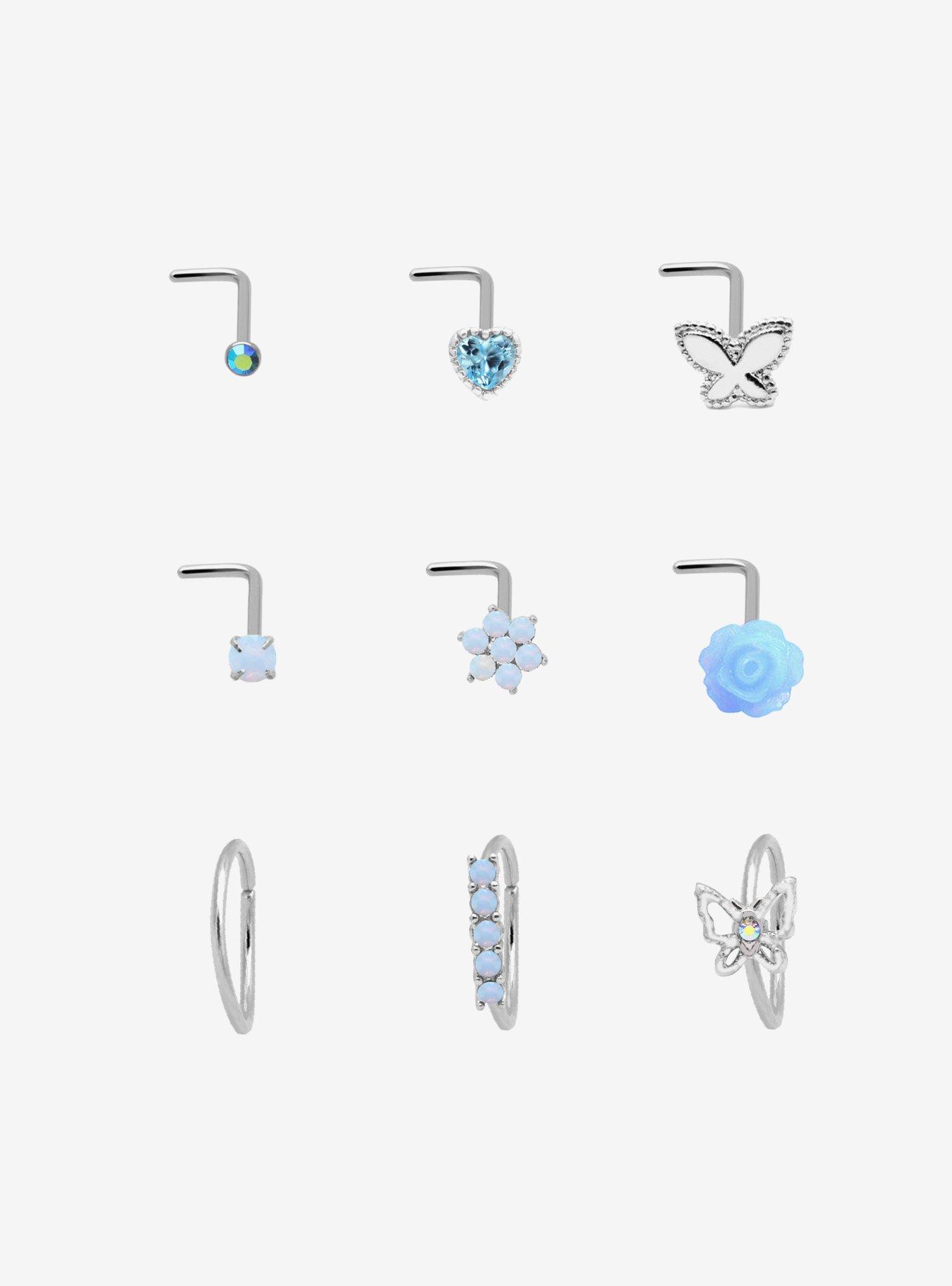 Steel Blue Butterfly Floral Nose Stud & Hoop 9 Pack, , hi-res