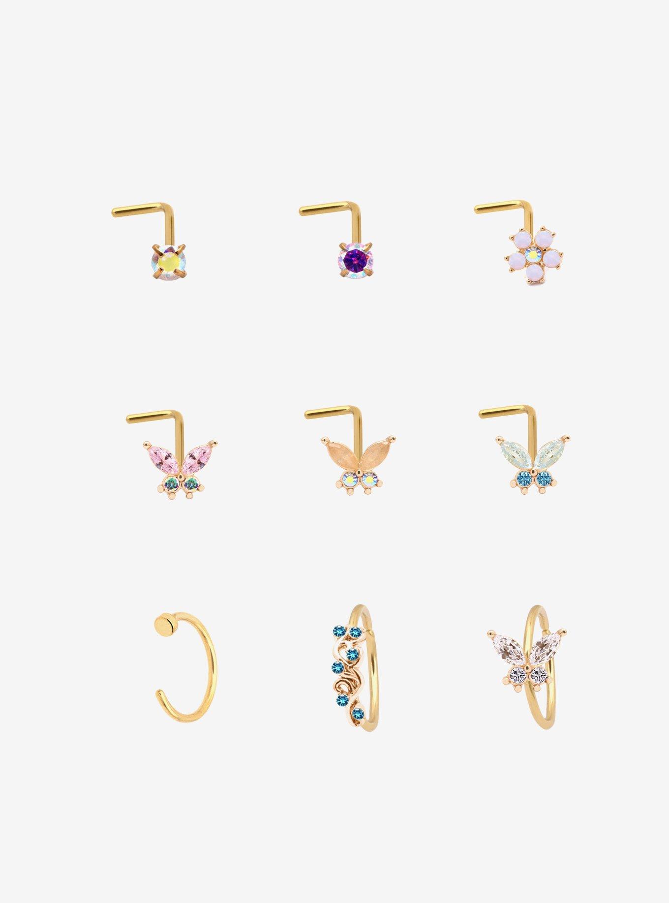 Steel Butterfly Floral Nose Stud & Hoop 9 Pack, , hi-res