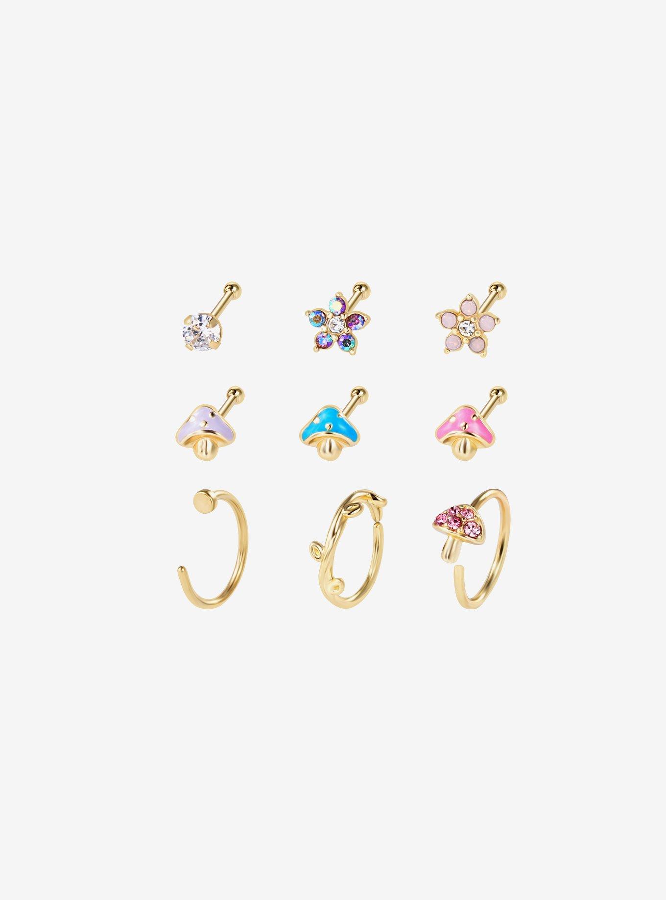 Steel Floral Mushroom Nose Stud & Hoop 9 Pack, , hi-res