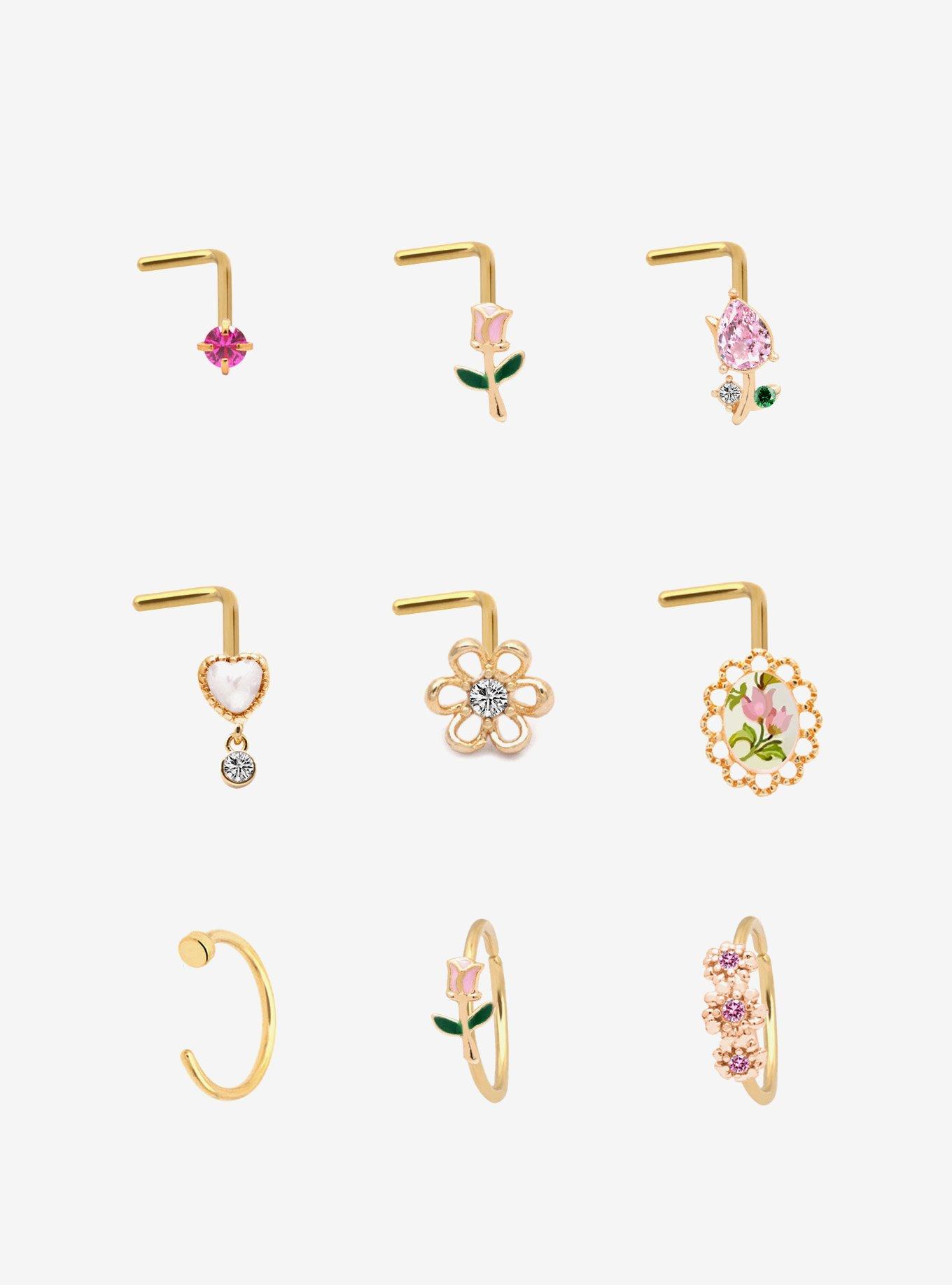 Steel Floral Cameo Bling Nose Stud & Hoop 9 Pack, , hi-res