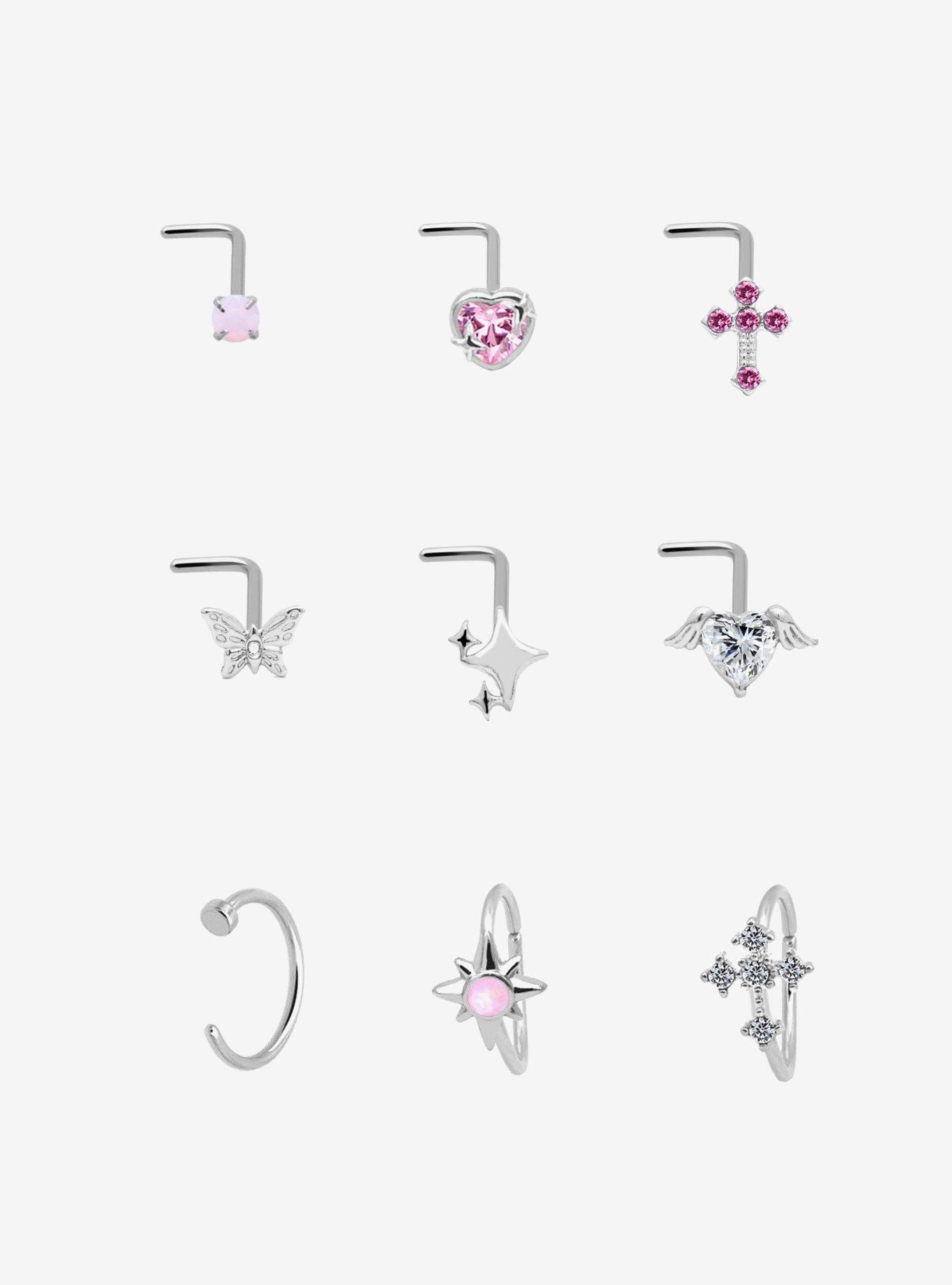 Steel Kawaii Heart Cross Nose Stud & Hoop 9 Pack, , hi-res
