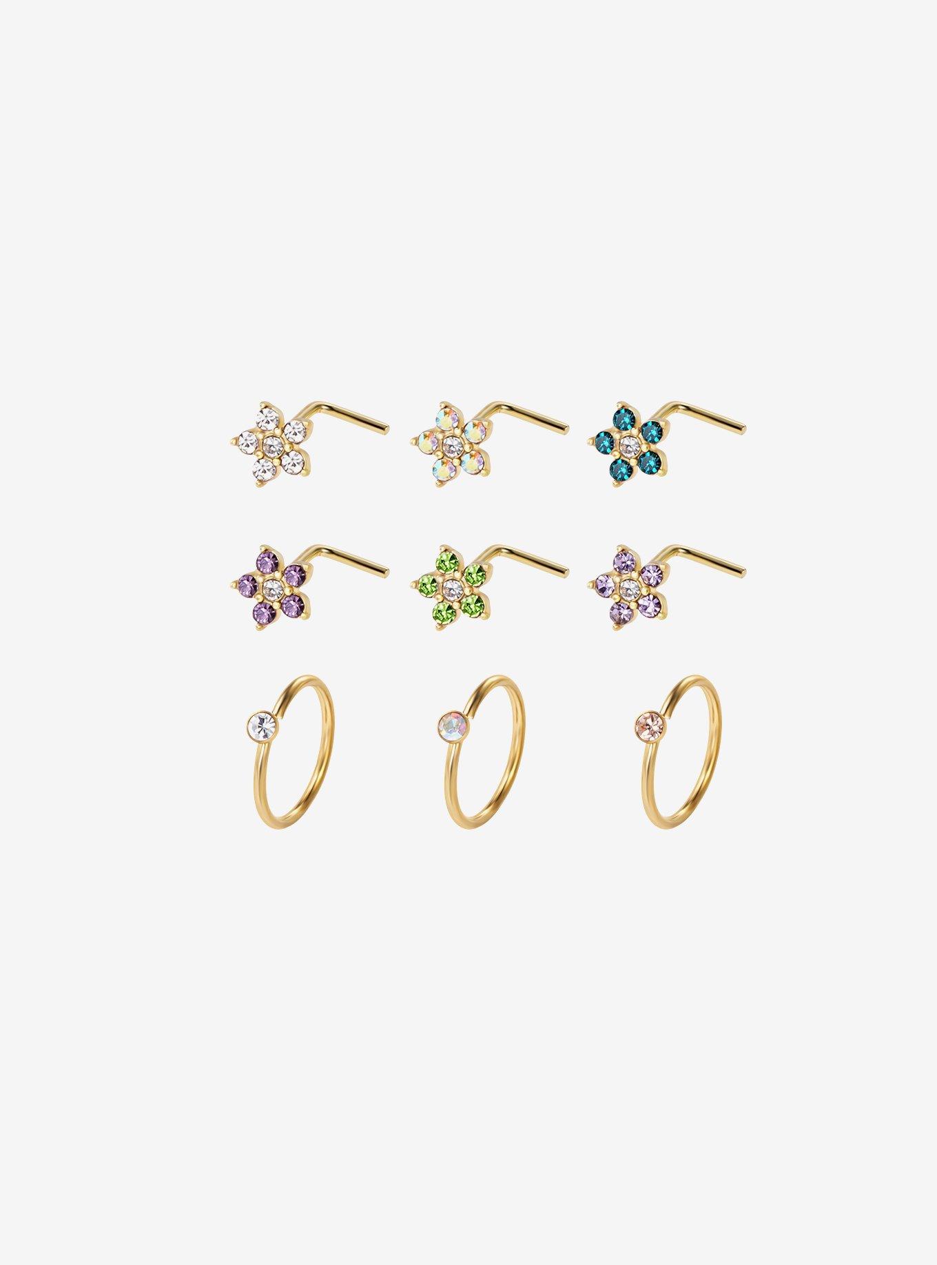 Steel Colorful Floral Nose Stud & Hoop 9 Pack, , hi-res