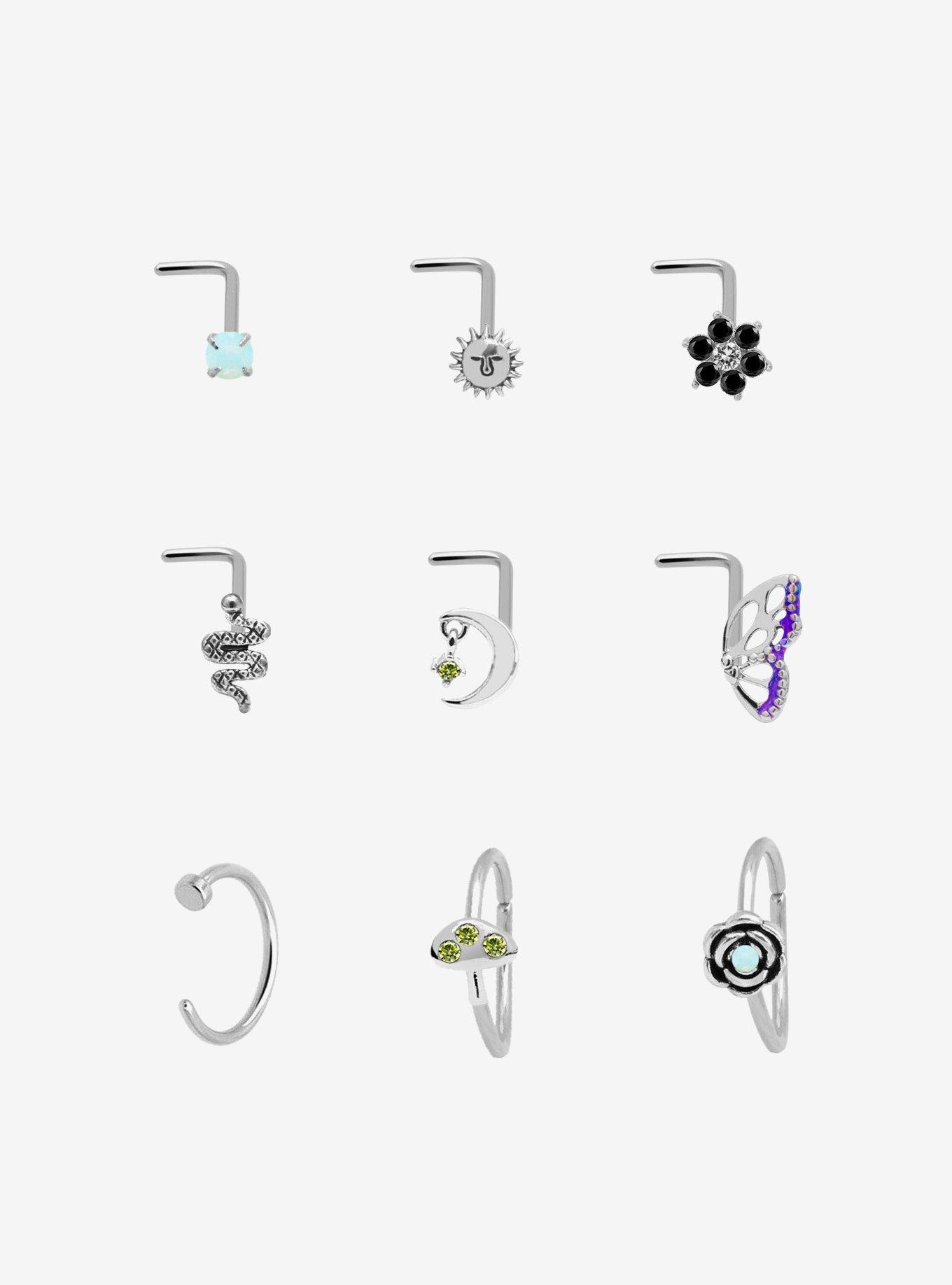 Steel Witchy Floral Nose Stud & Hoop 9 Pack, , hi-res
