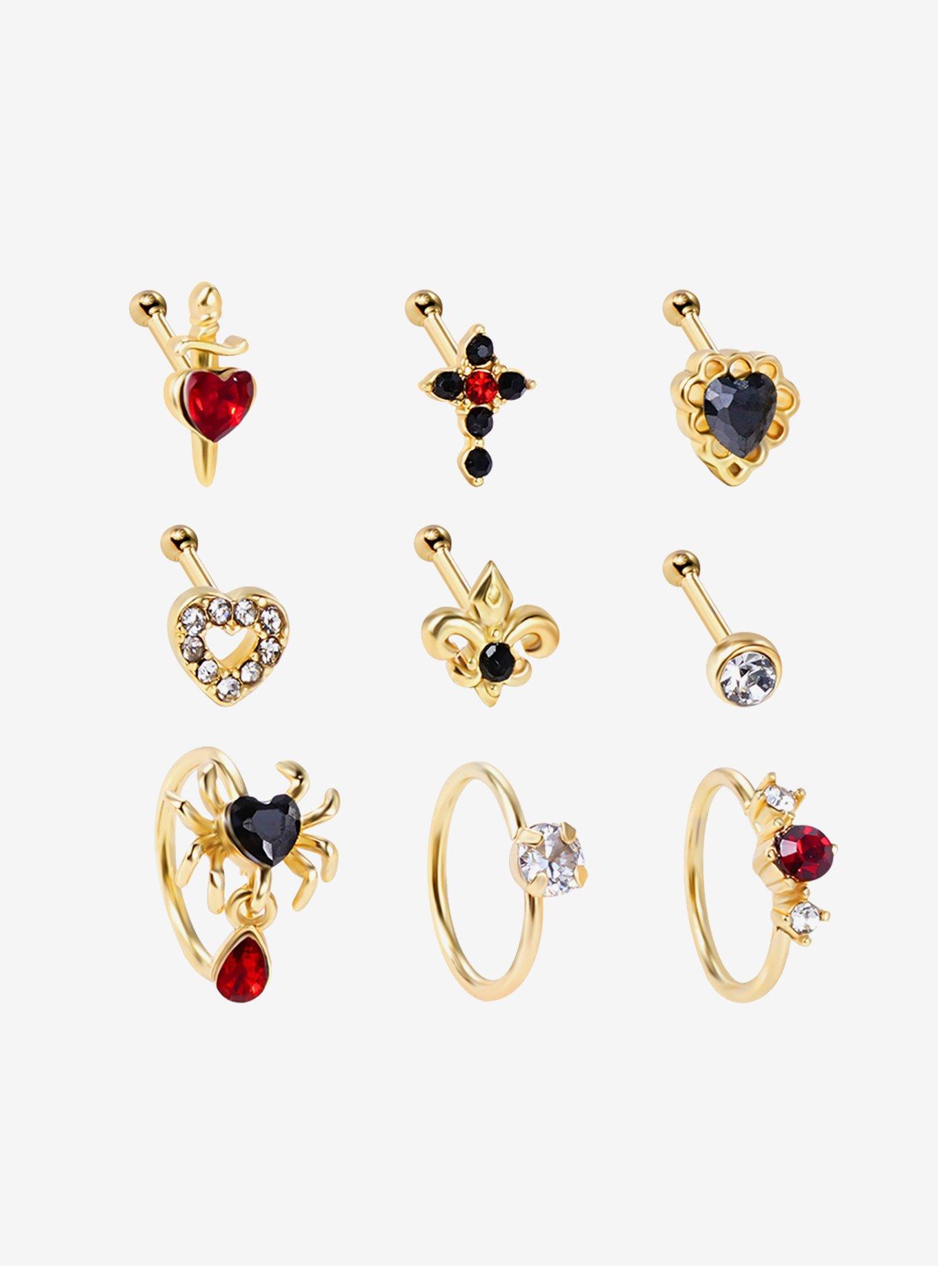 Steel Gothic Heart Cross Nose Stud & Hoop 9 Pack, , hi-res