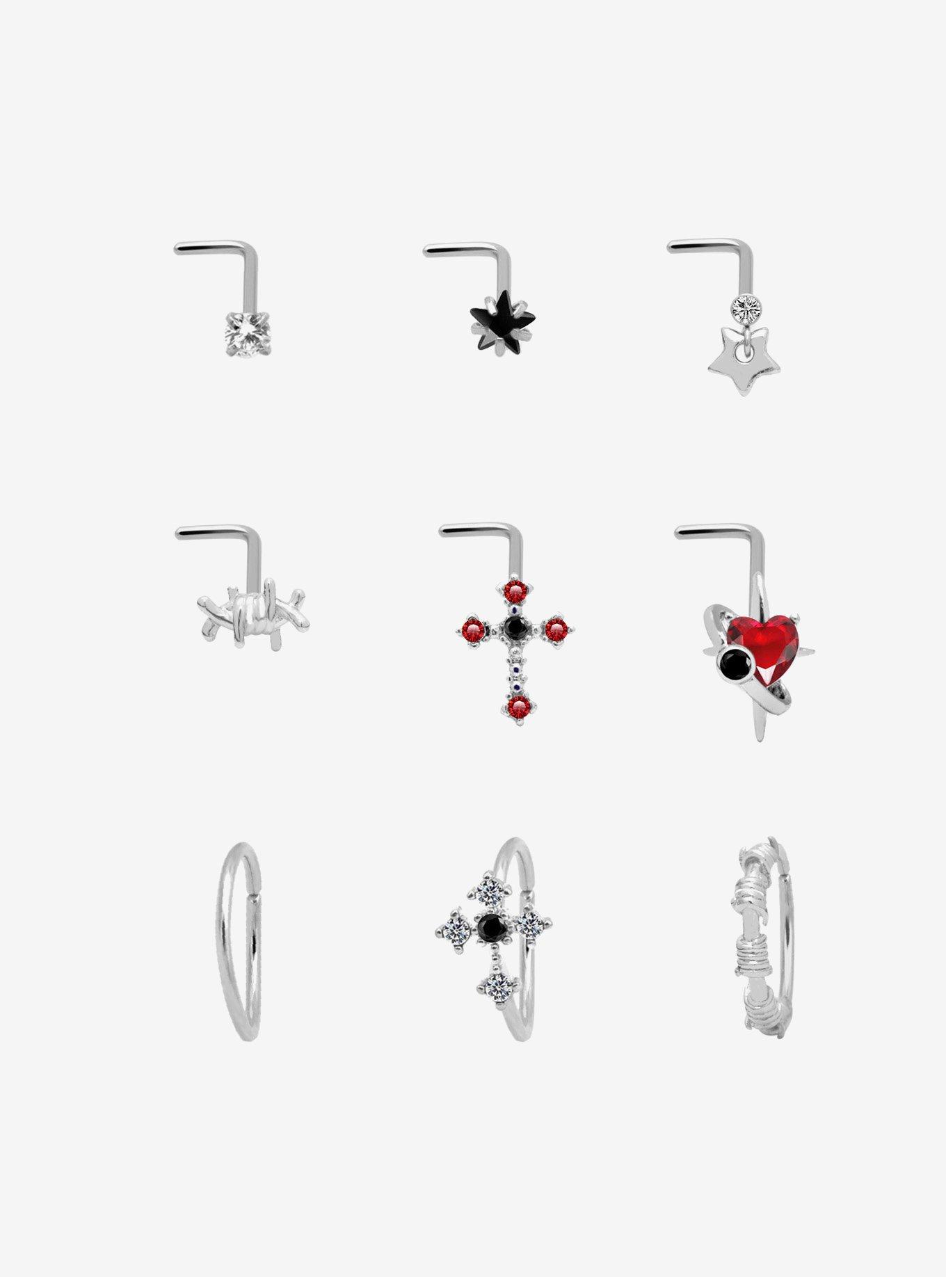 Steel Cross Heart Barbed Wire Nose Stud & Hoop 9 Pack, , hi-res