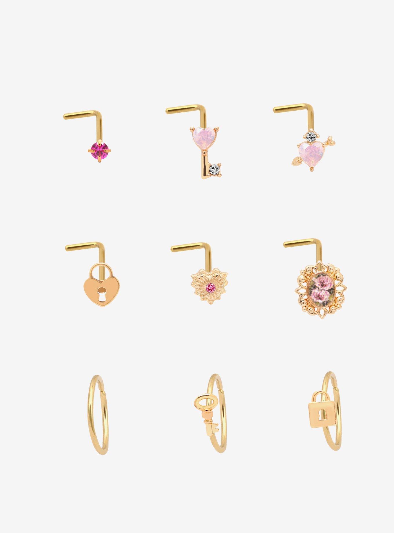 Steel Heart Key Nose Stud & Hoop 9 Pack, , hi-res