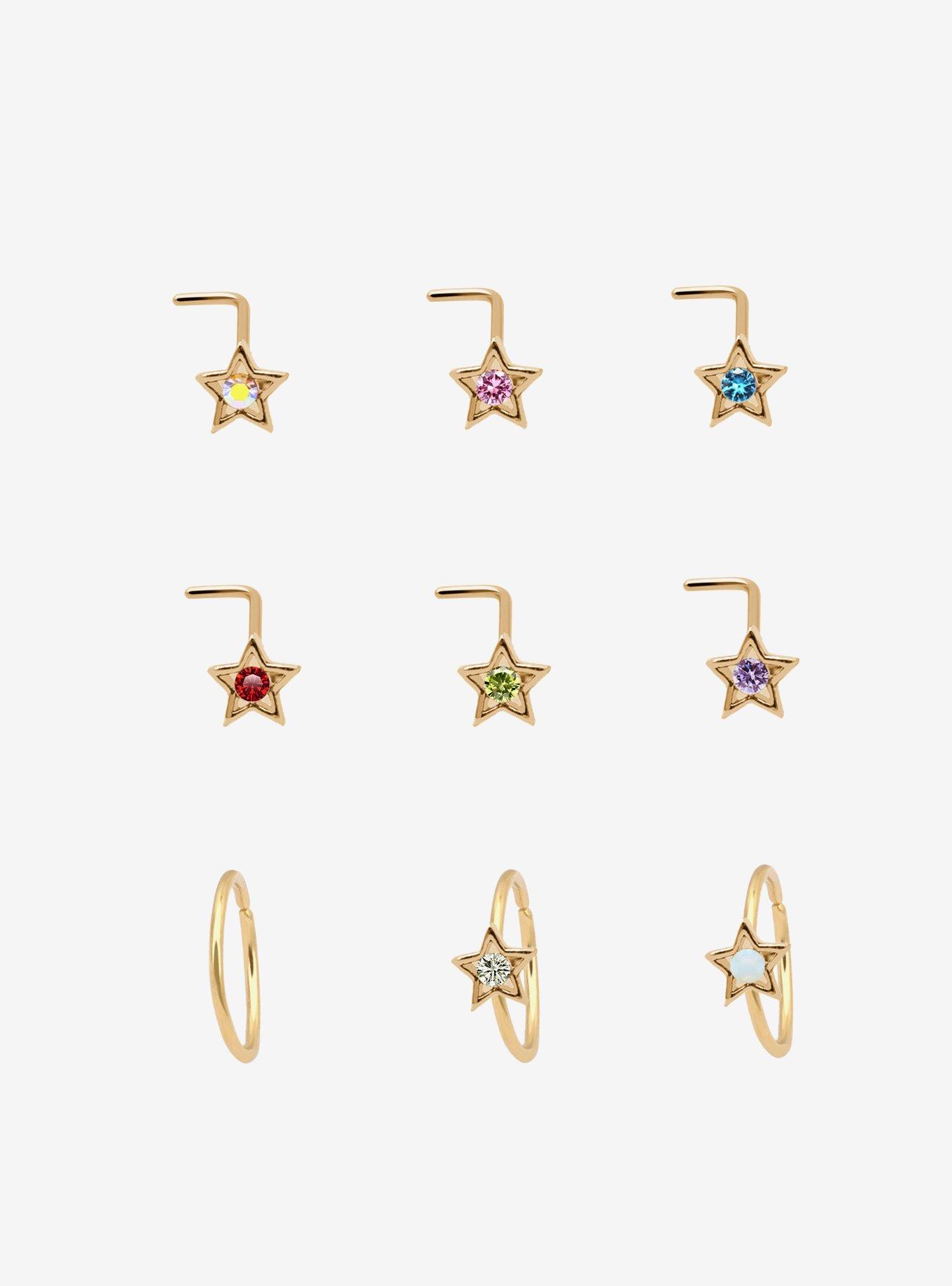Steel Gold Star Bling Nose Stud & Hoop 9 Pack, , hi-res