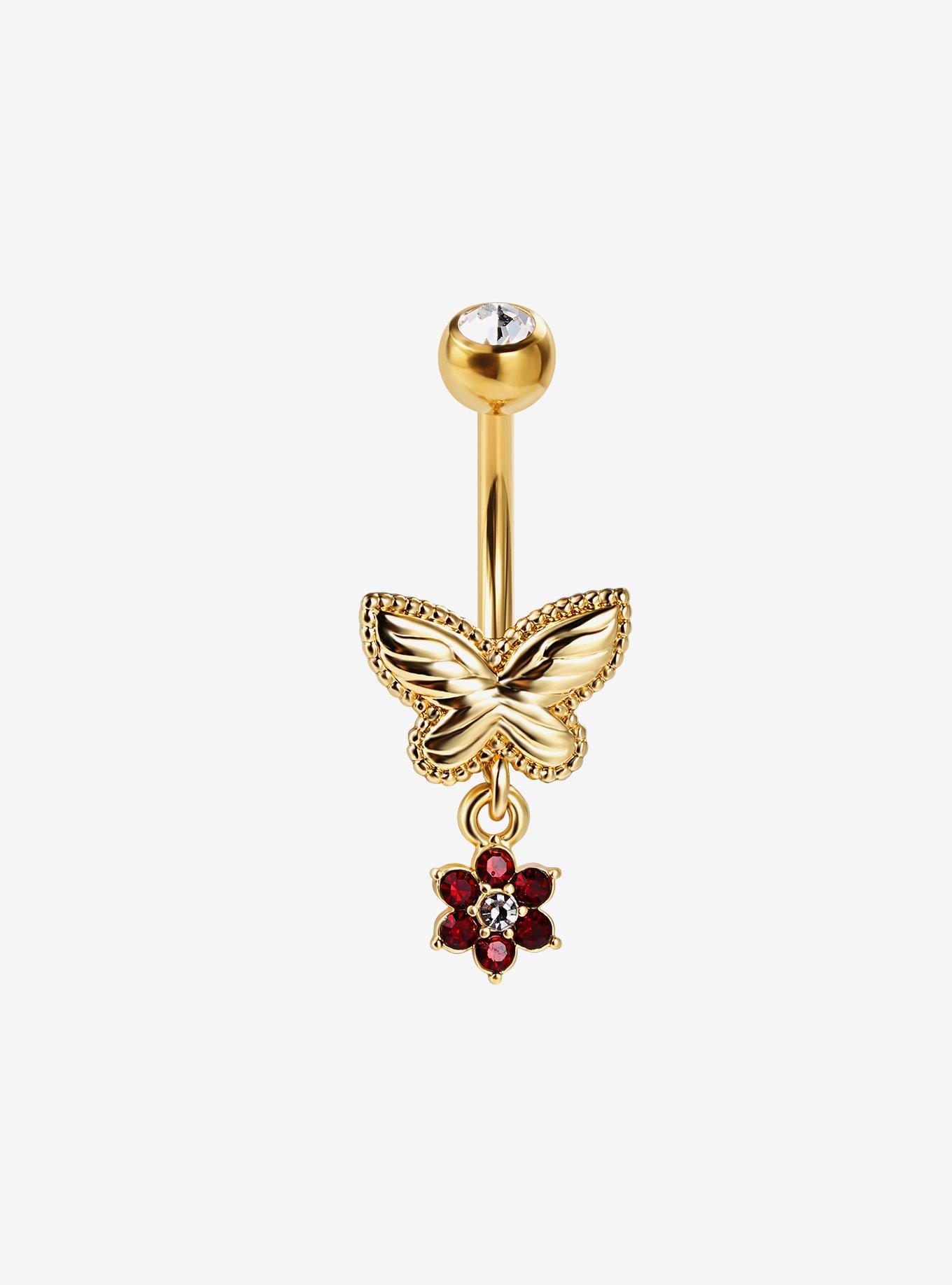 Steel Gold Butterfly Floral Navel Barbell, , hi-res
