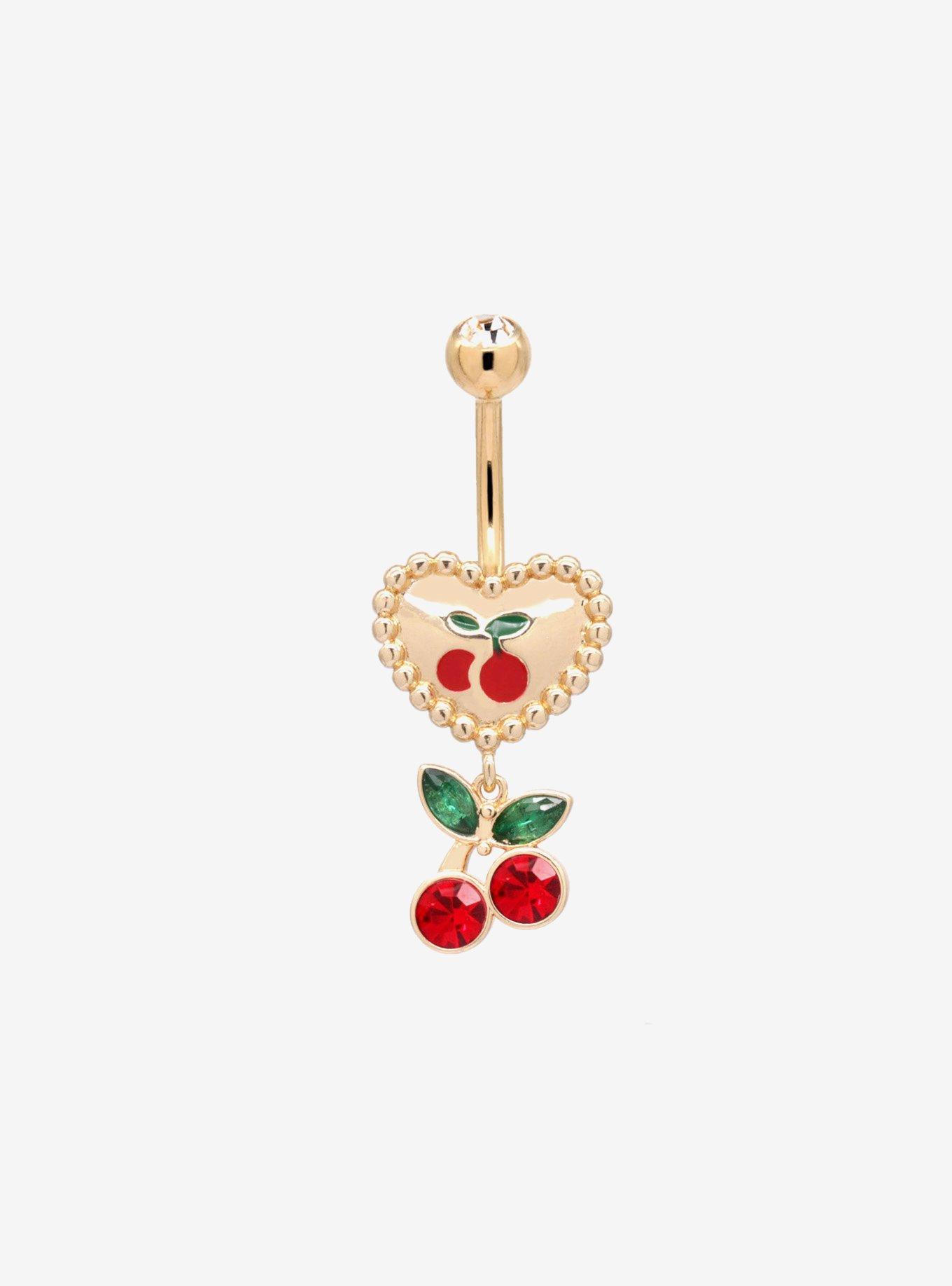 14G Steel Cherry Heart Navel Barbell, , hi-res