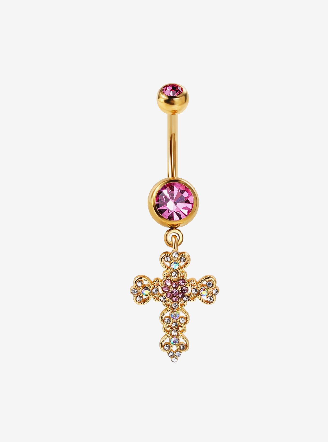 Steel Gold Bling Cross Navel Barbell, , hi-res
