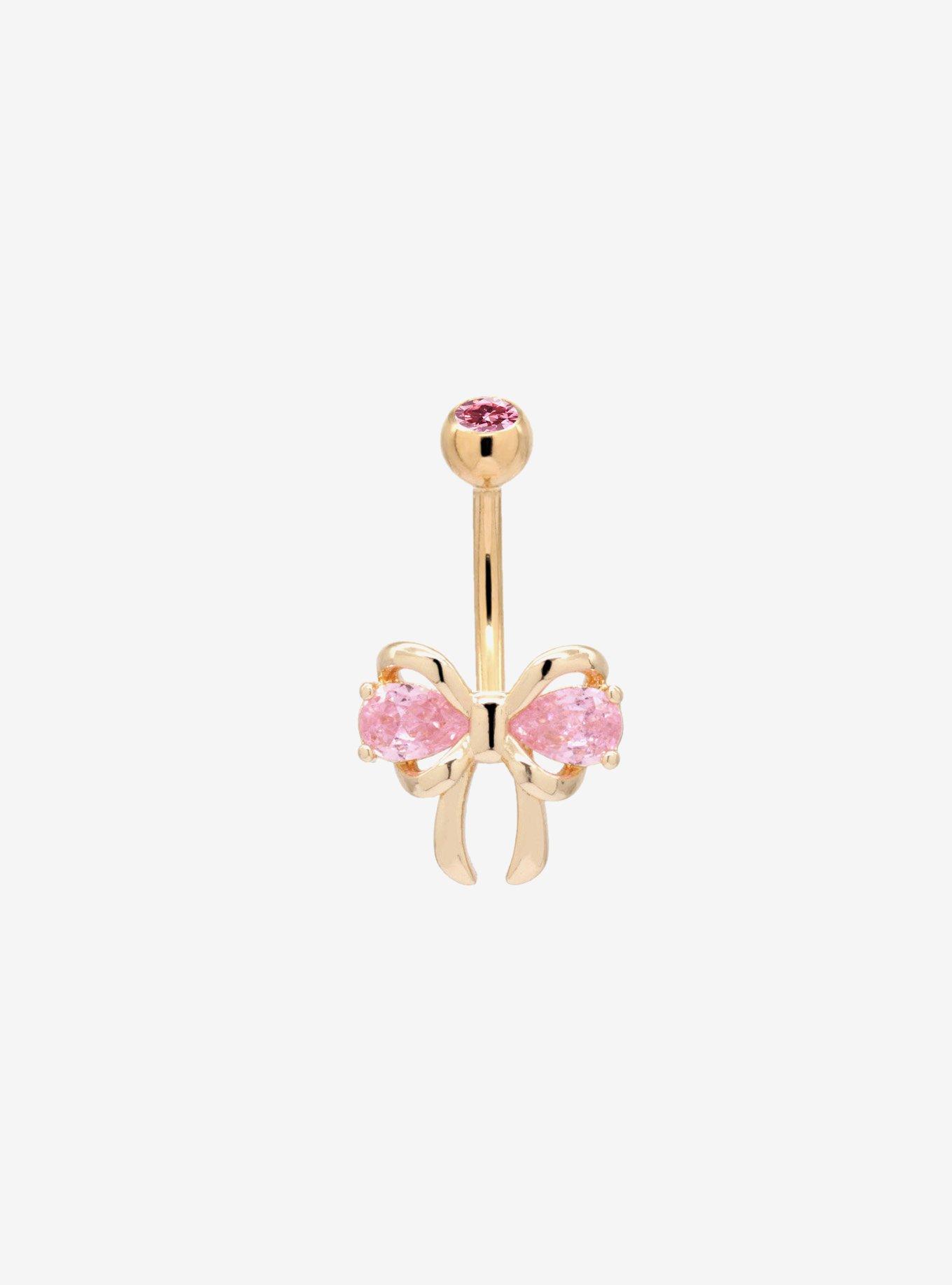 14G Gold Pink Bow Navel Barbell, , hi-res