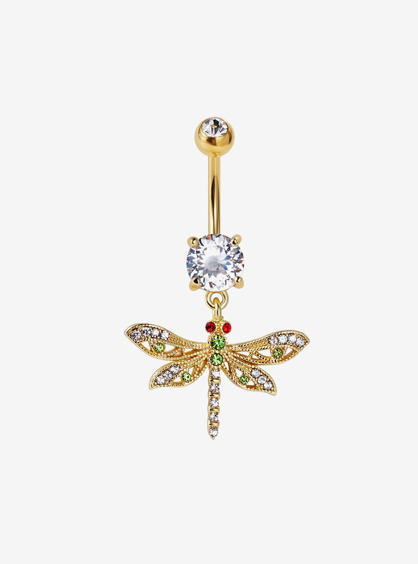 Steel Gold Dragonfly Bling Navel Barbell, , hi-res